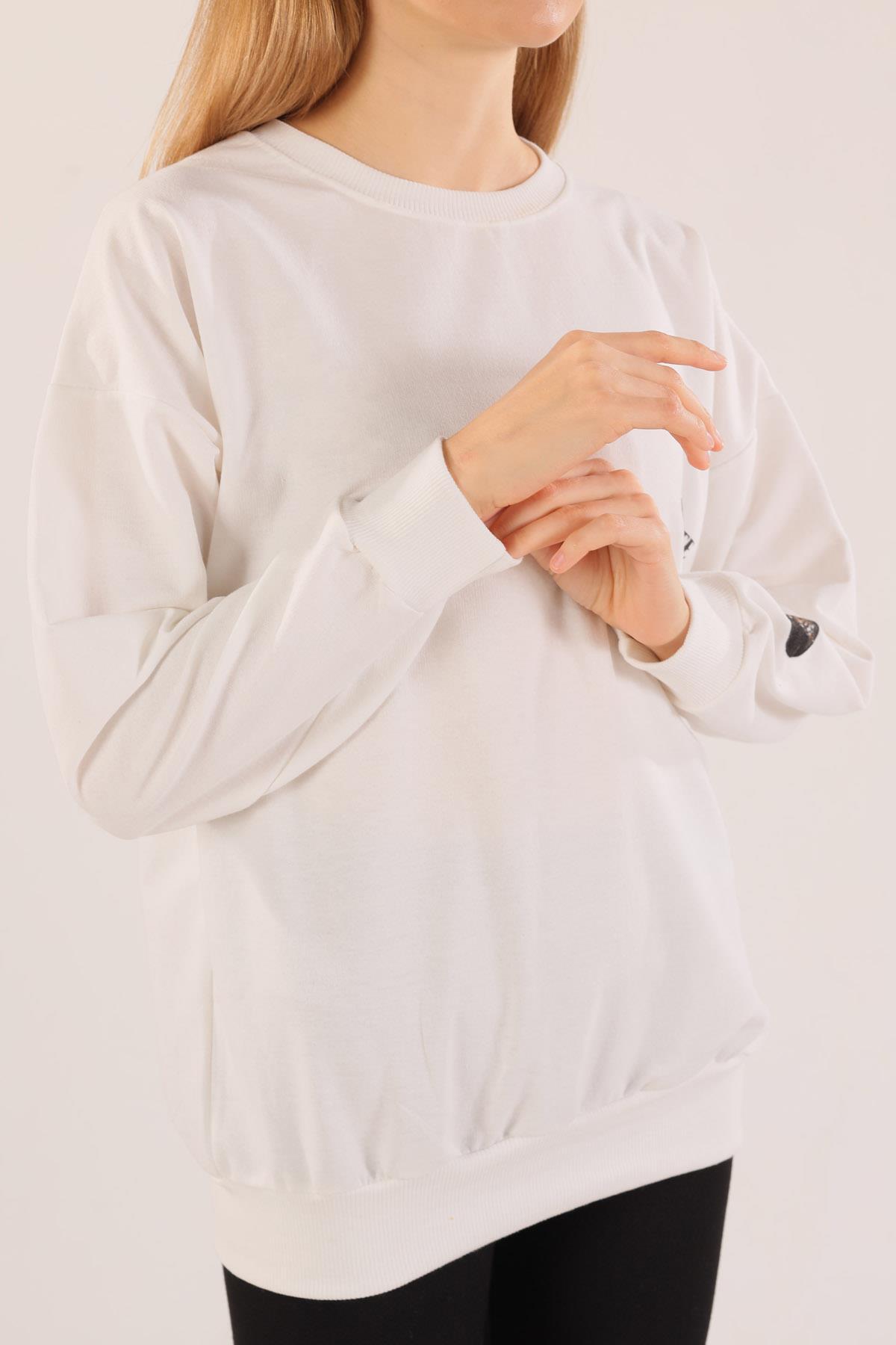 Ekru Arkası Kaplan Baskı Sweat 8632 - 7