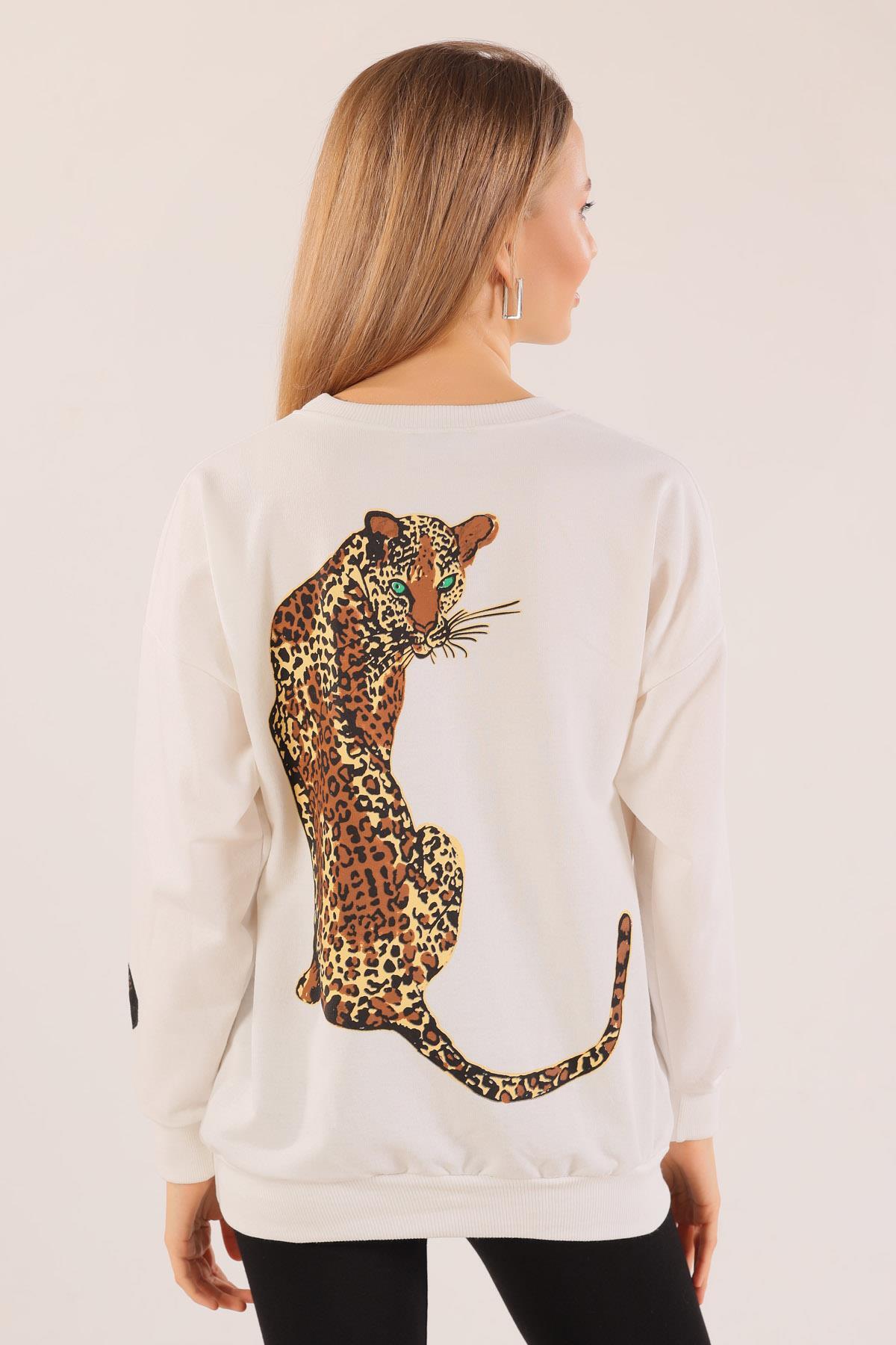 Ekru Arkası Kaplan Baskı Sweat 8632 - 1