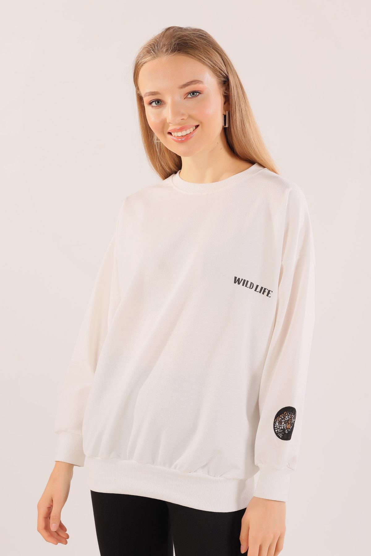 Ekru Arkası Kaplan Baskı Sweat 8632 - 2