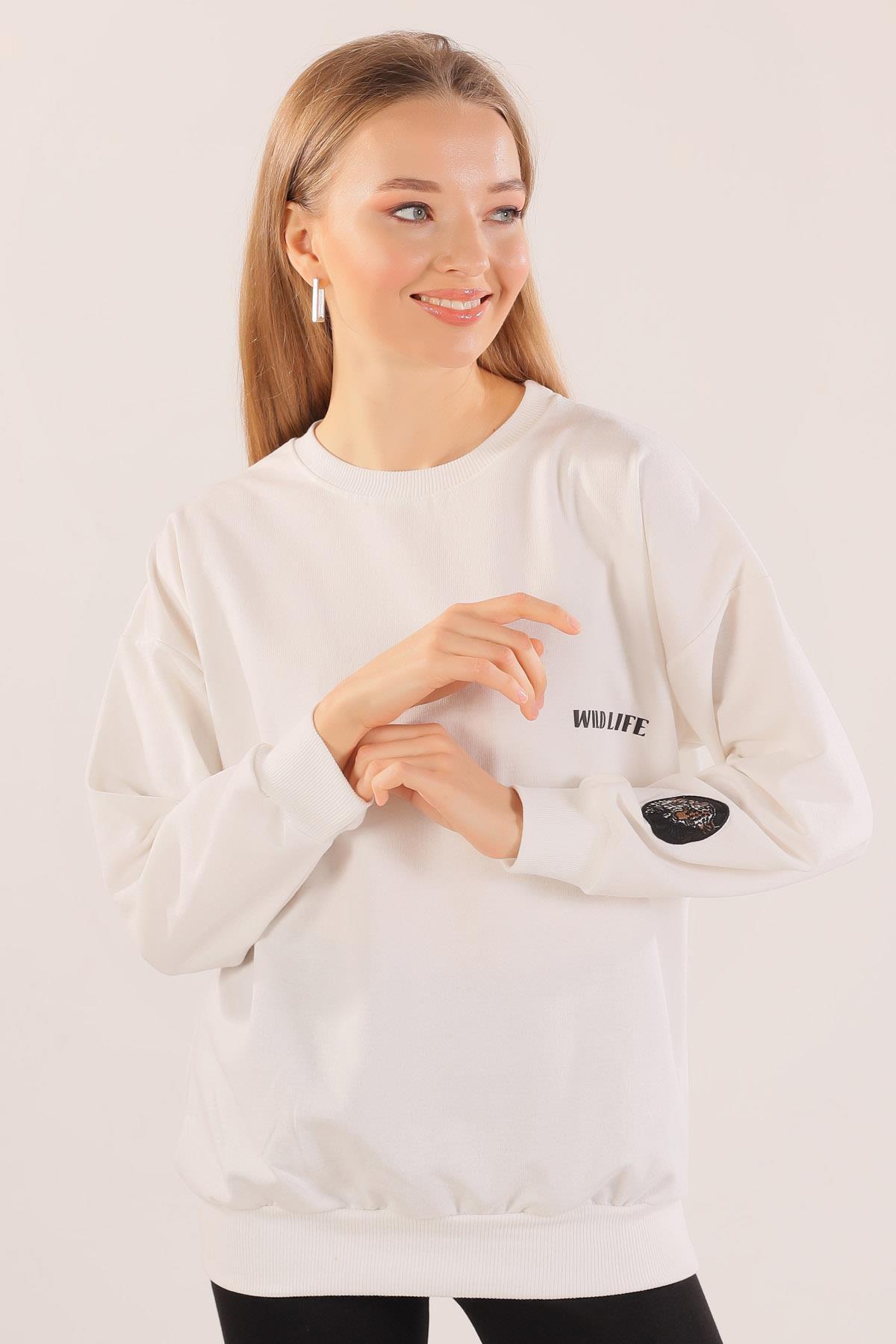 Ekru Arkası Kaplan Baskı Sweat 8632 - 6