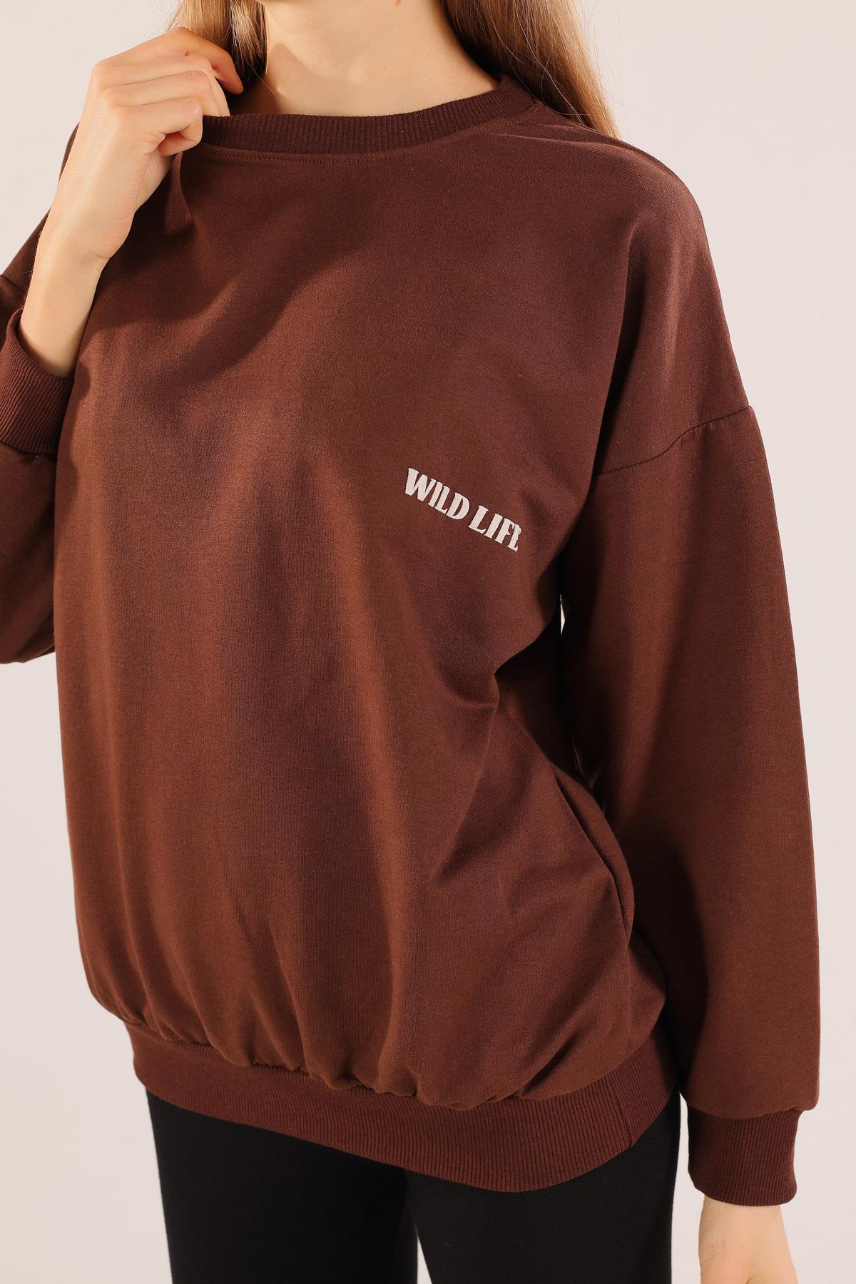 8632 Arkası Kaplan Baskı Sweat Kahve - 4