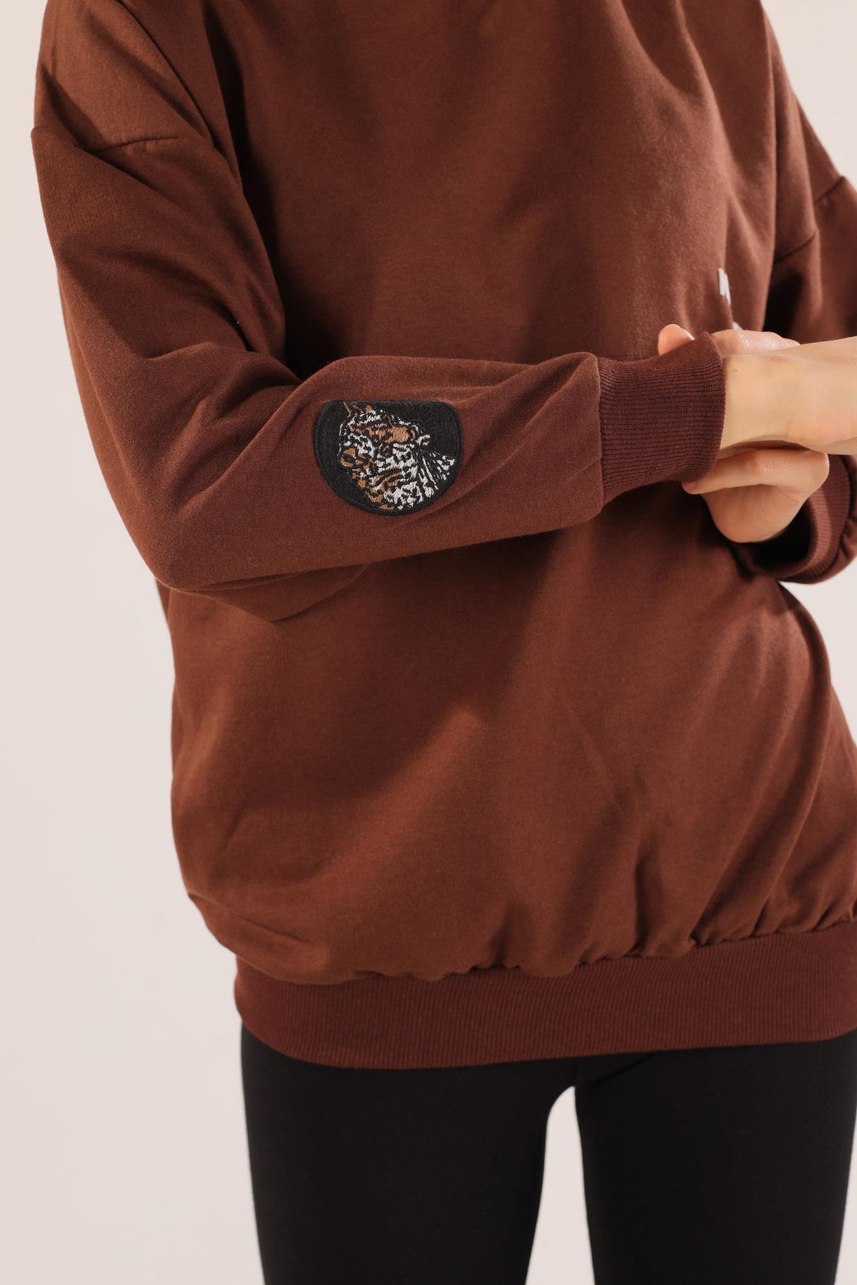 8632 Arkası Kaplan Baskı Sweat Kahve - 5