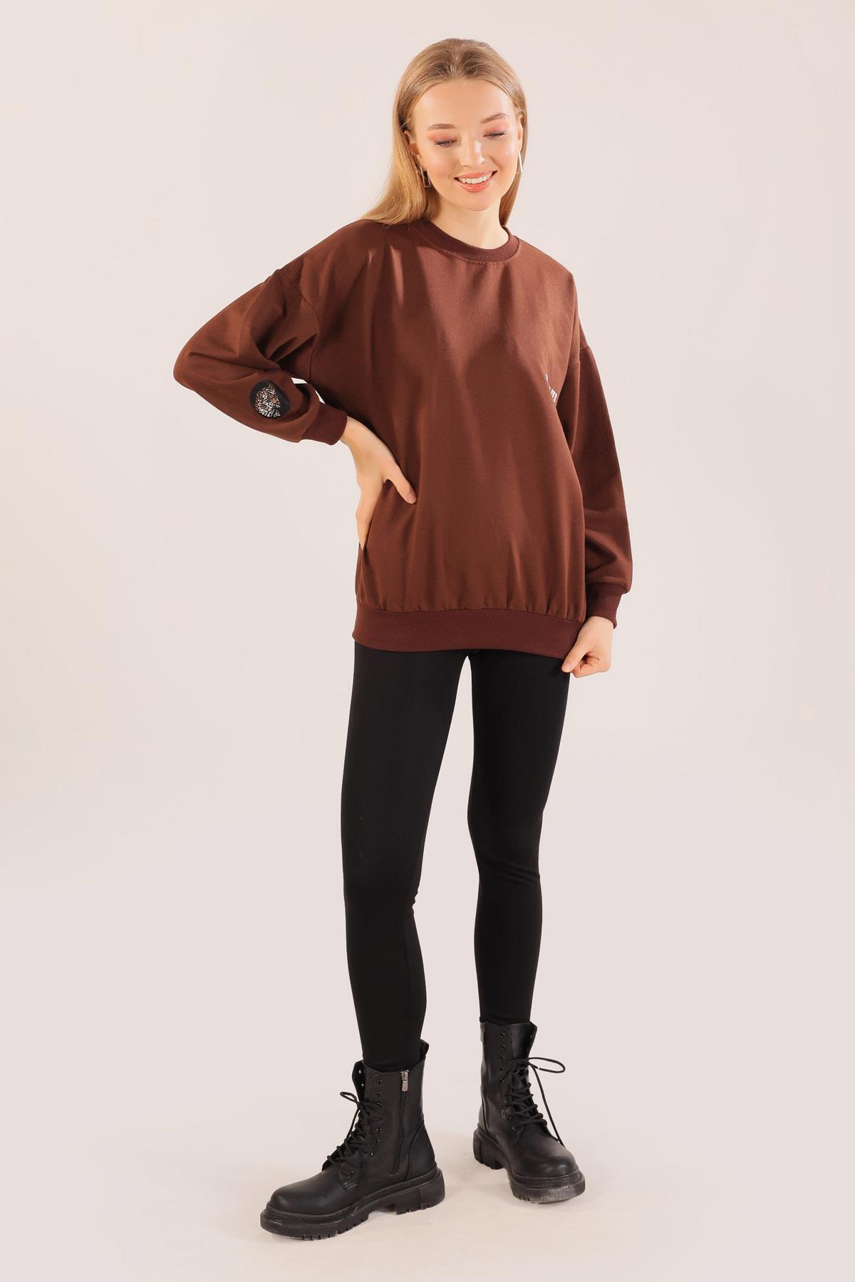 8632 Arkası Kaplan Baskı Sweat Kahve - 7