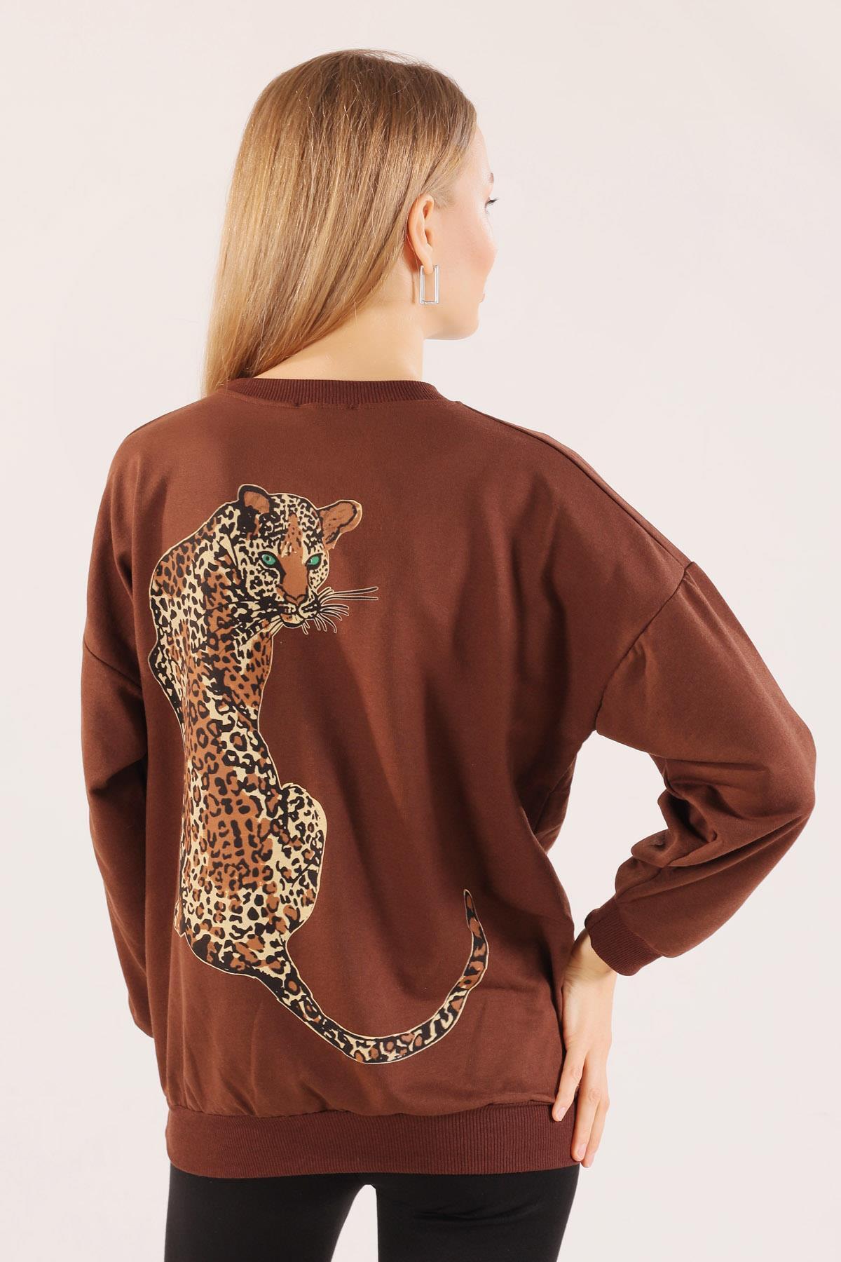 Kahve Arkası Kaplan Baskı Sweat 8632 