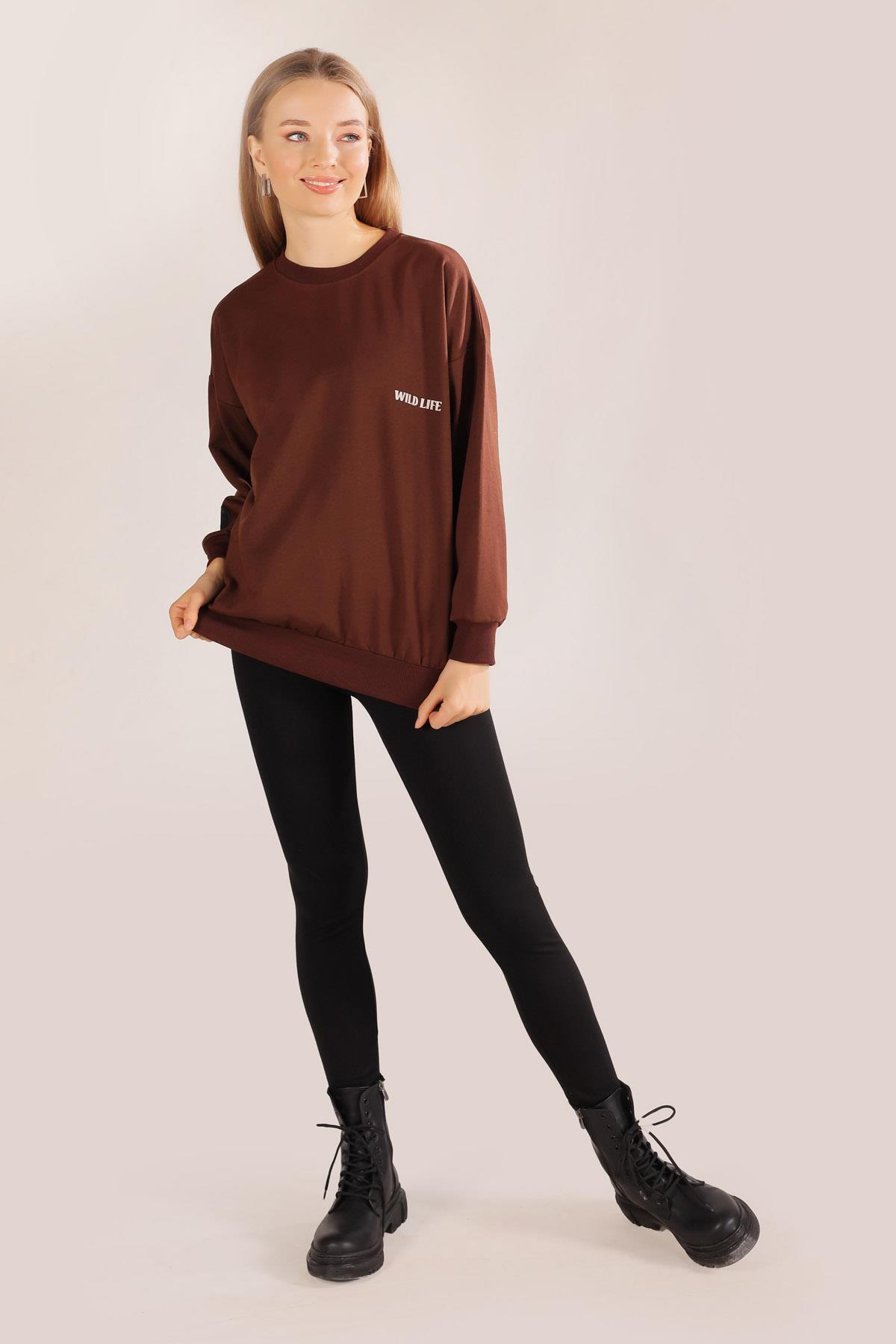 Kahve Arkası Kaplan Baskı Sweat 8632 - 6