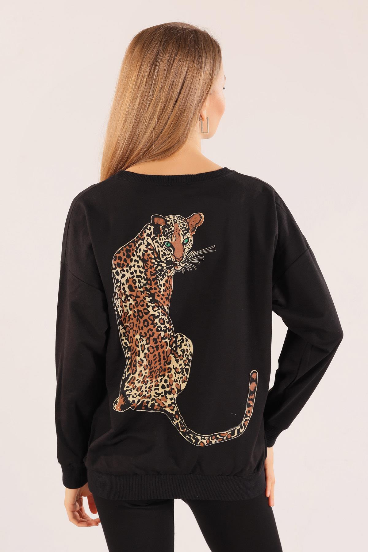 8632 Arkası Kaplan Baskı Sweat Siyah - 1