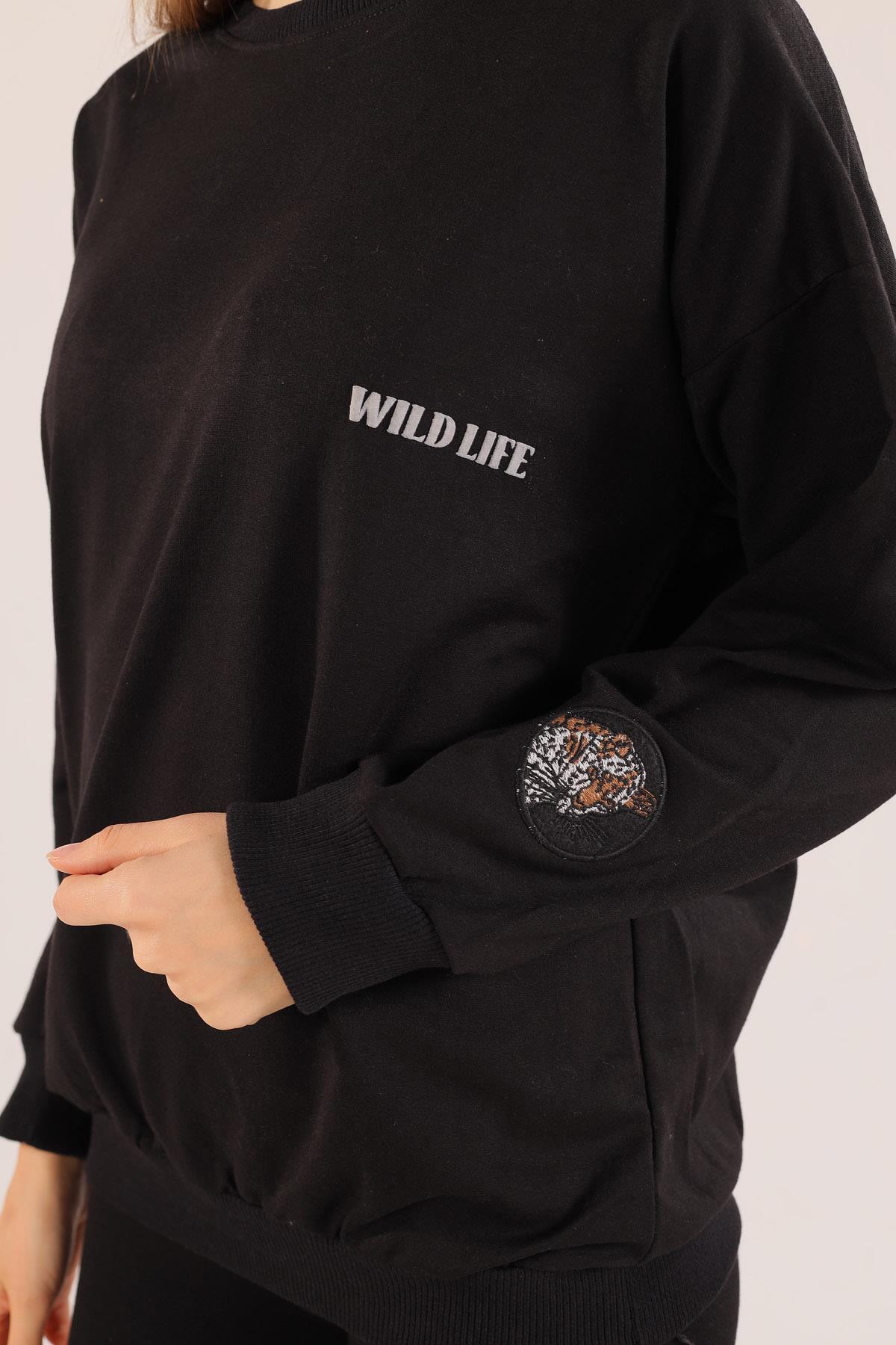 8632 Arkası Kaplan Baskı Sweat Siyah - 5