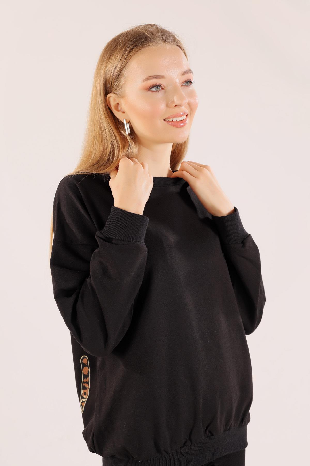 Siyah Arkası Kaplan Baskı Sweat 8632 - 3