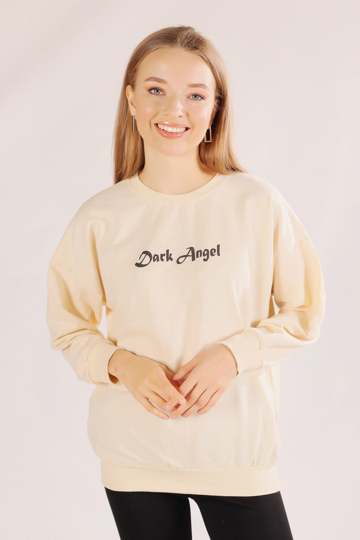 8633 Dark Angel Baskılı Sweat Bej 