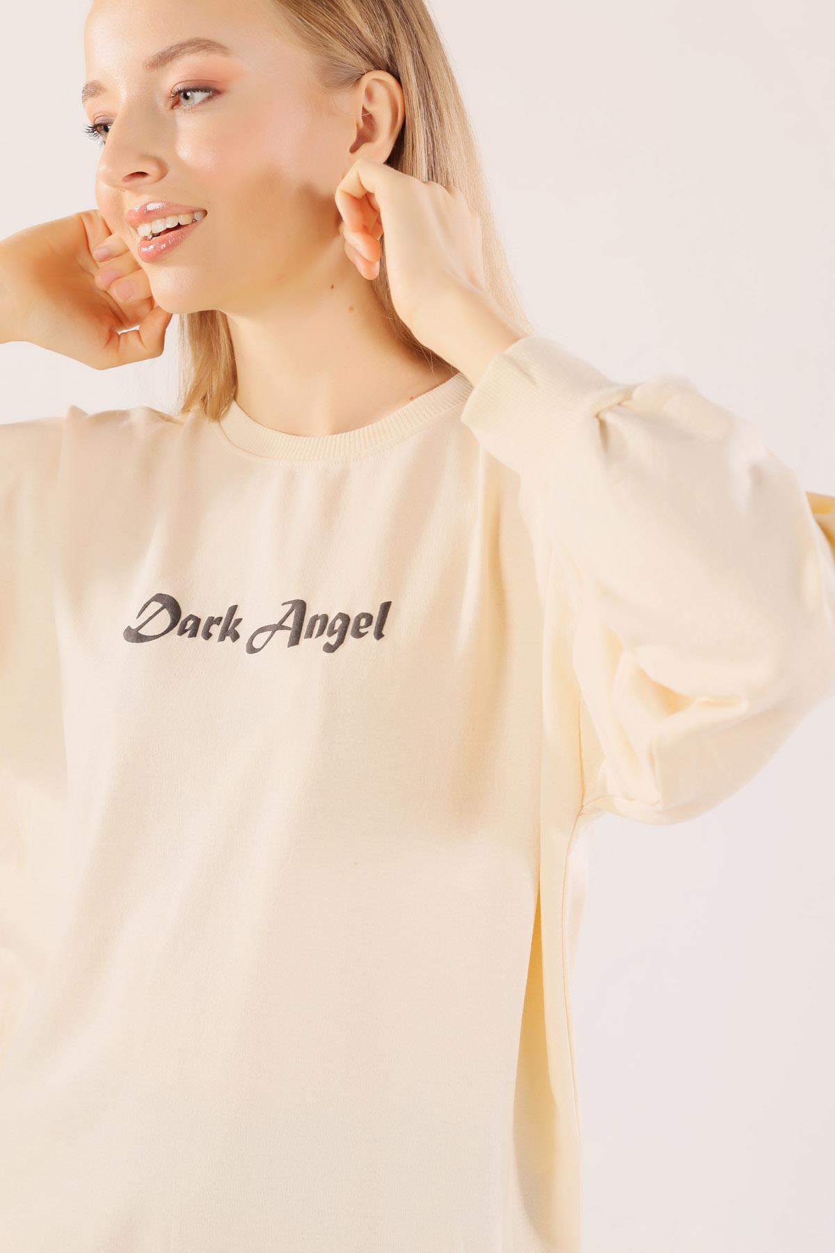 8633 Dark Angel Baskılı Sweat Bej - 3