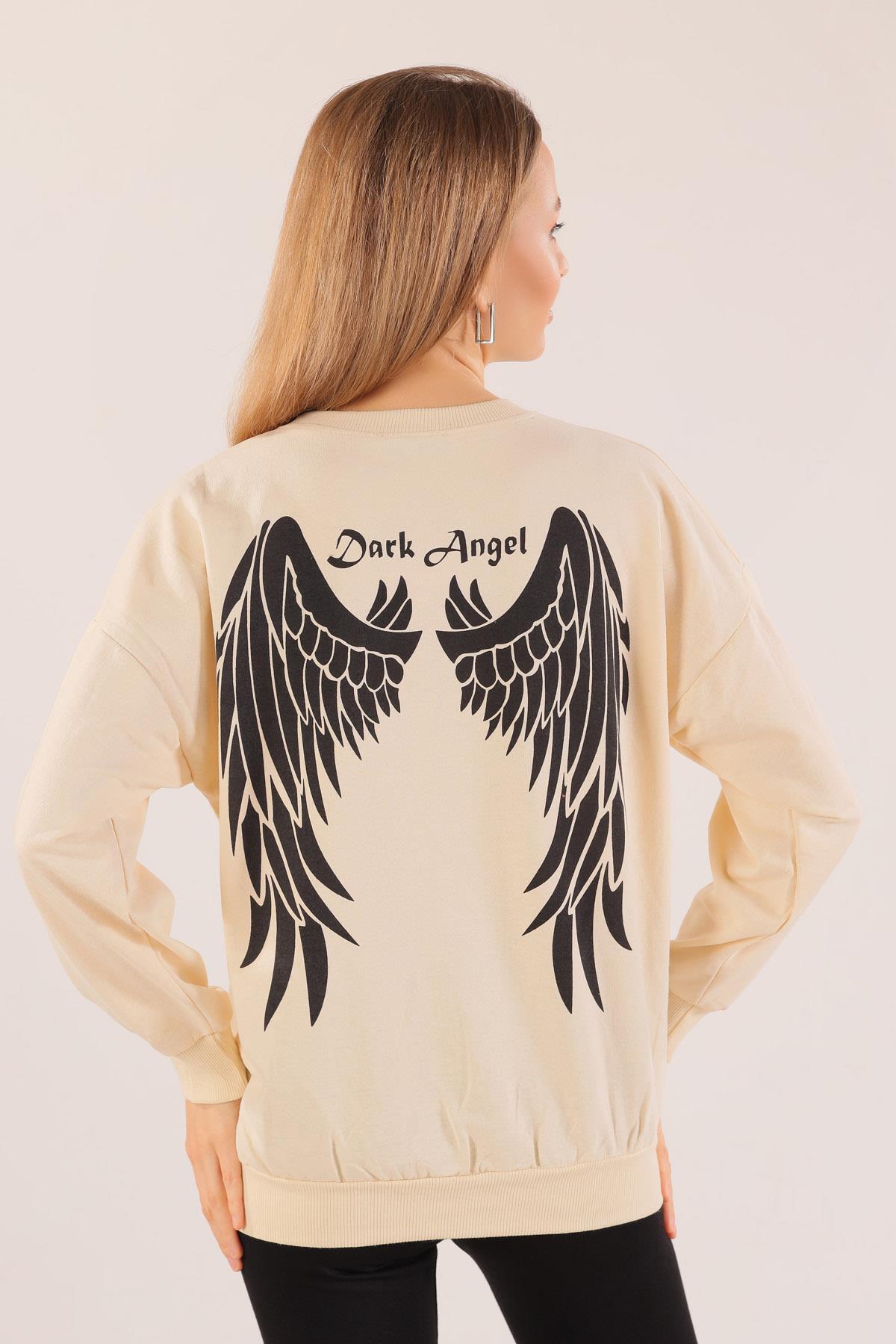 8633 Dark Angel Baskılı Sweat Bej - 5