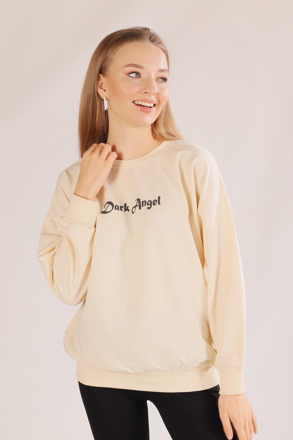 8633 Dark Angel Baskılı Sweat Bej - 4