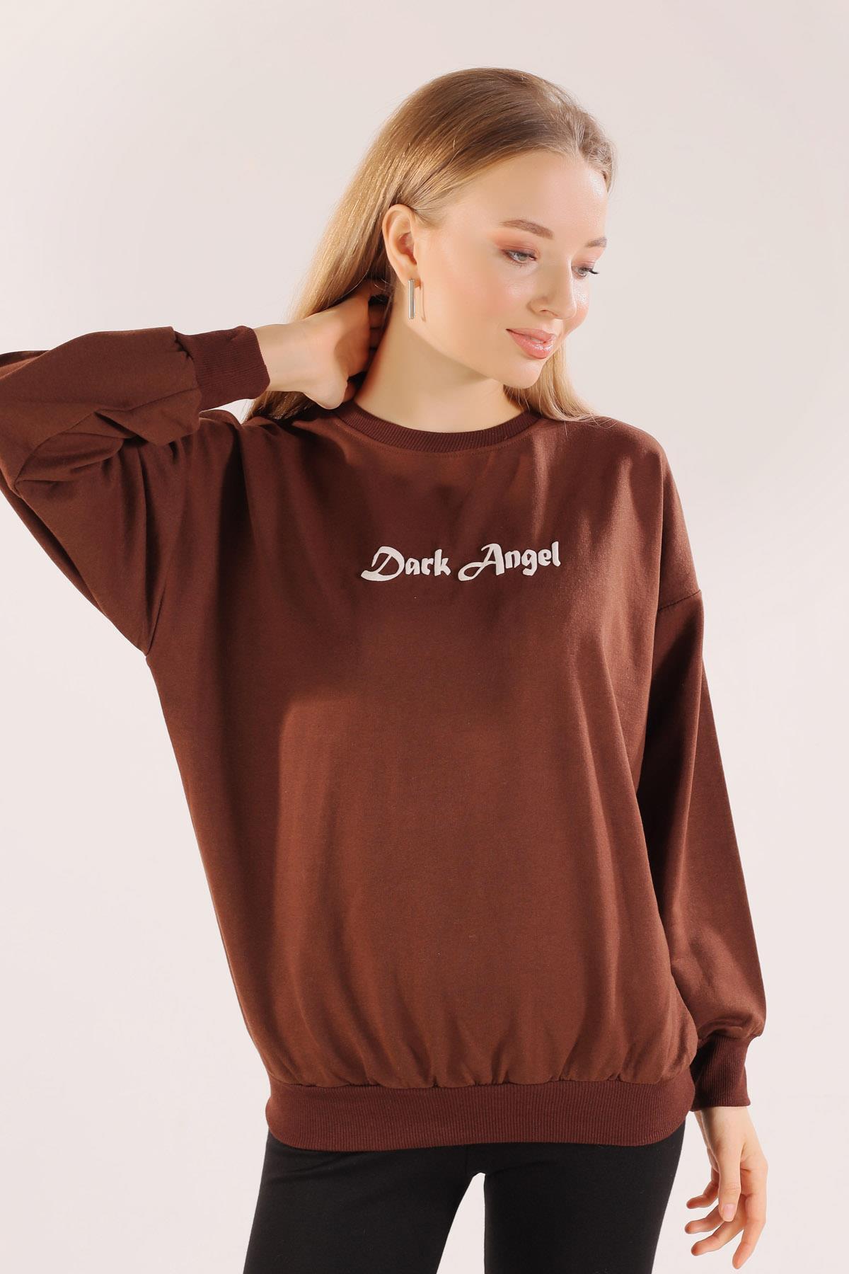 8633 Dark Angel Baskılı Sweat Kahve - 3