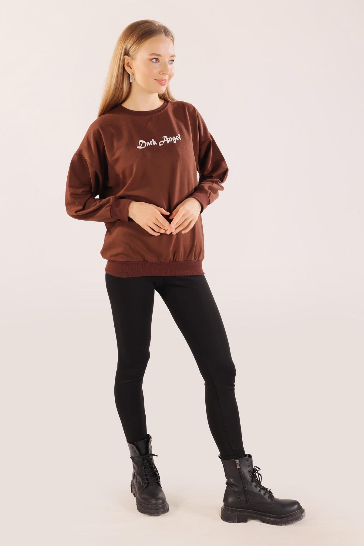 Kahve Dark Angel Baskılı Sweat 8633 - 2