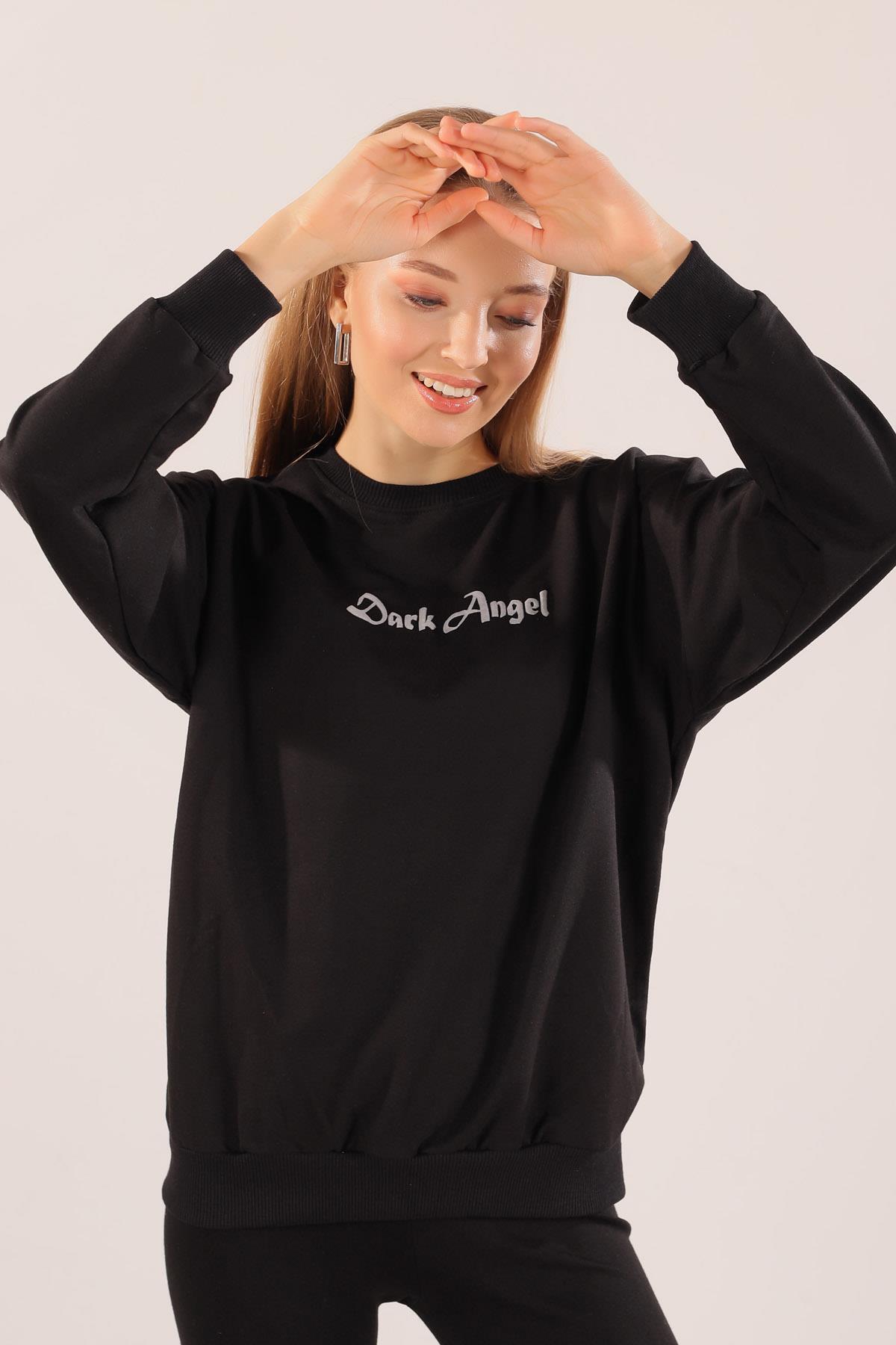 8633 Dark Angel Baskılı Sweat Siyah - 4
