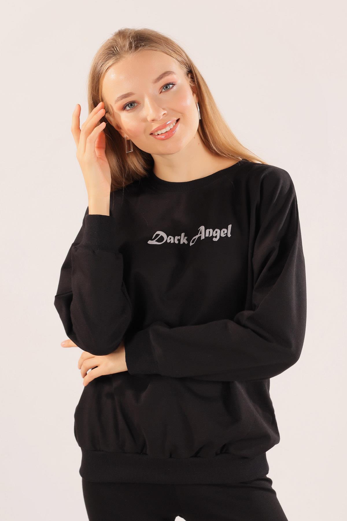 8633 Dark Angel Baskılı Sweat Siyah - 5