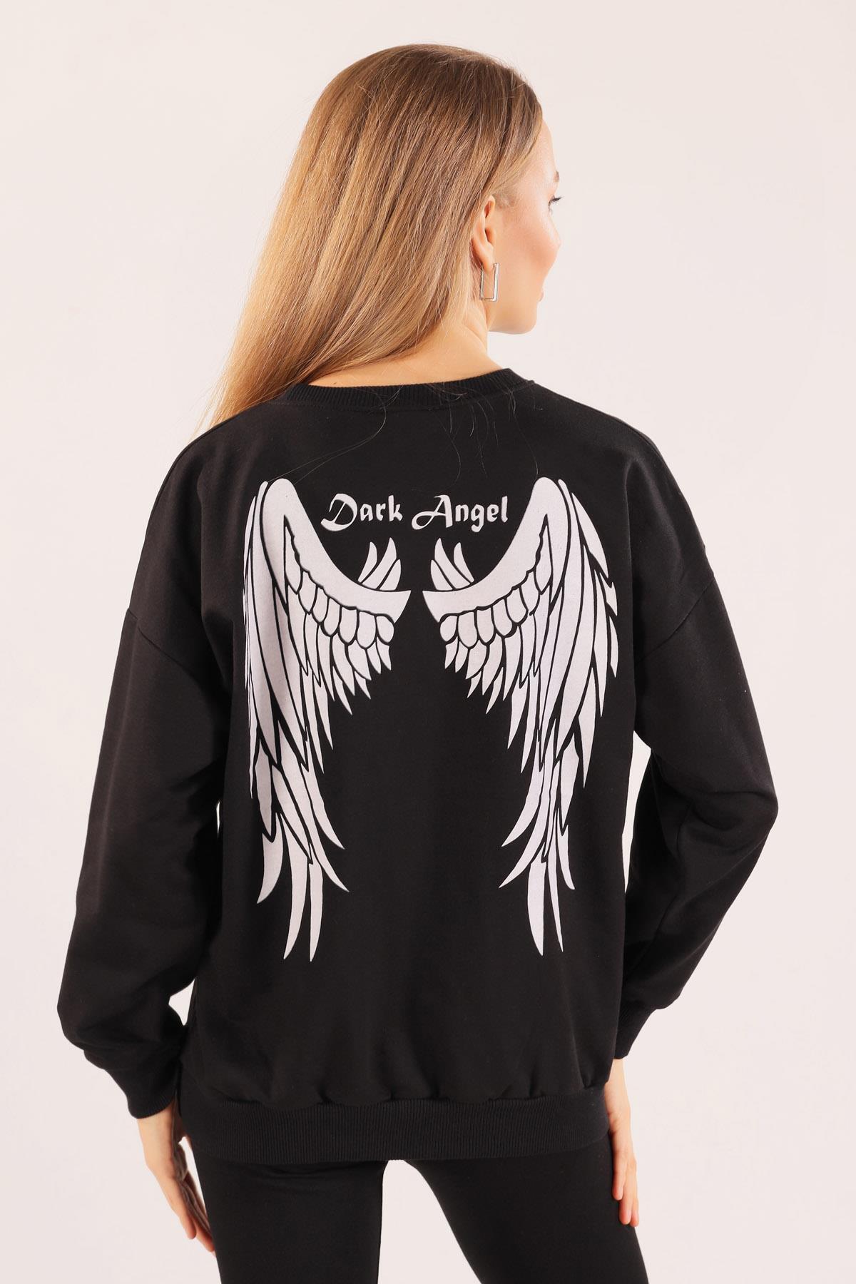 Siyah Dark Angel Baskılı Sweat 8633 