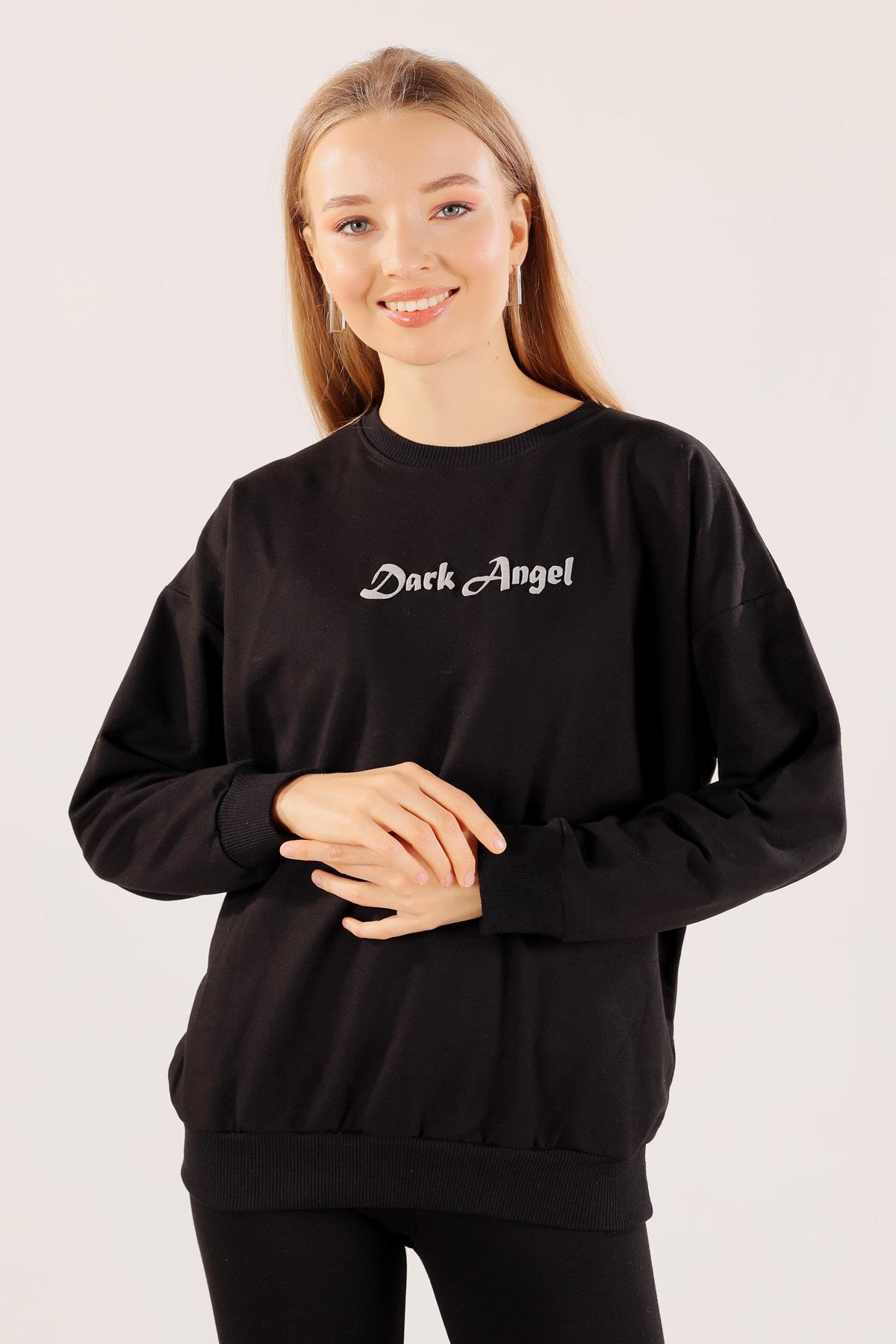 Siyah Dark Angel Baskılı Sweat 8633 - 2