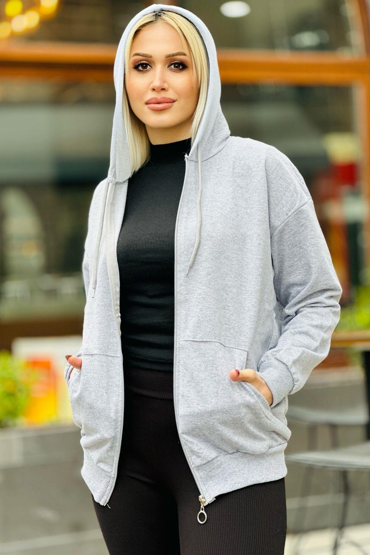 Gri Cep Detay Fermuarlı Sweat 8636 - 2