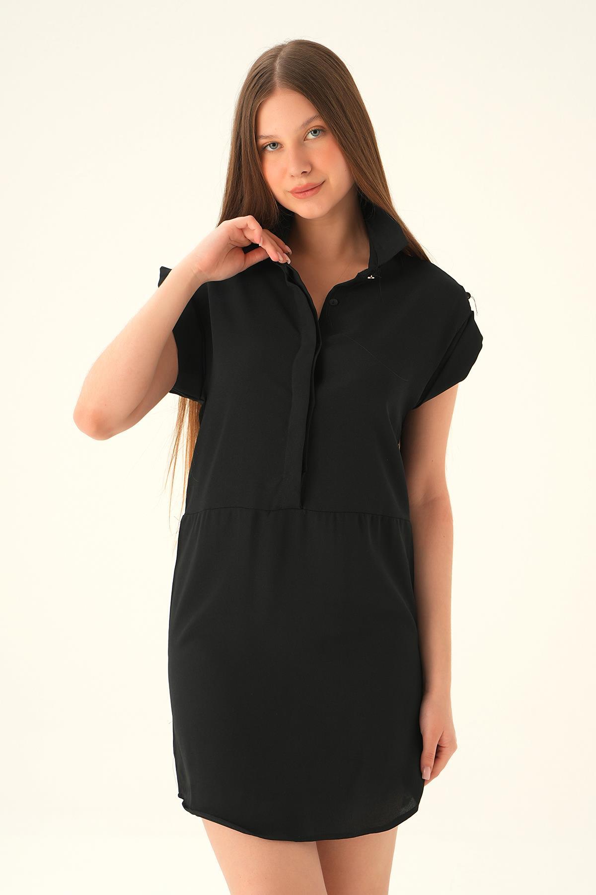 Siyah Düğmeli Polo Yaka Elbise 8662 - 1
