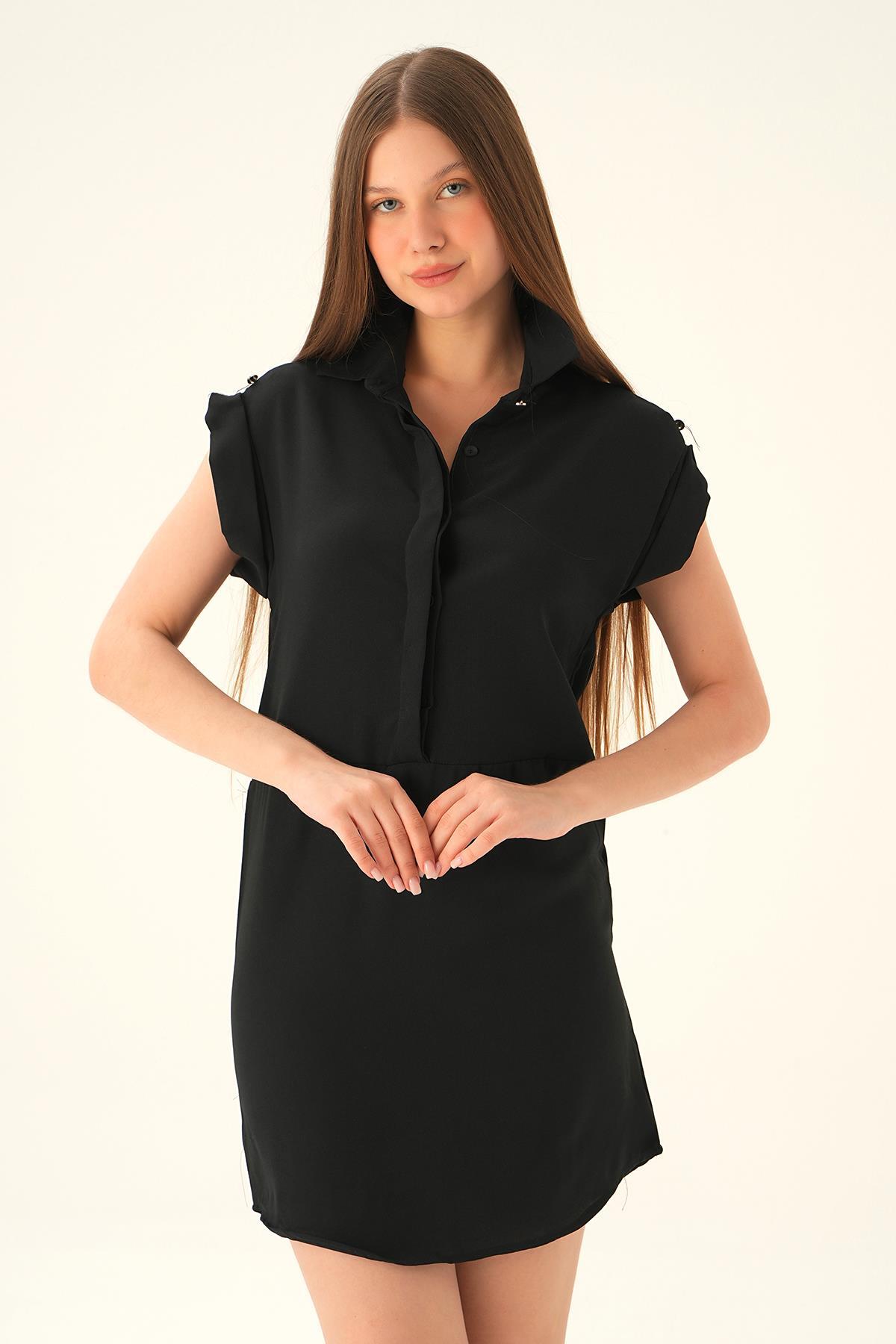 Siyah Düğmeli Polo Yaka Elbise 8662 - 2