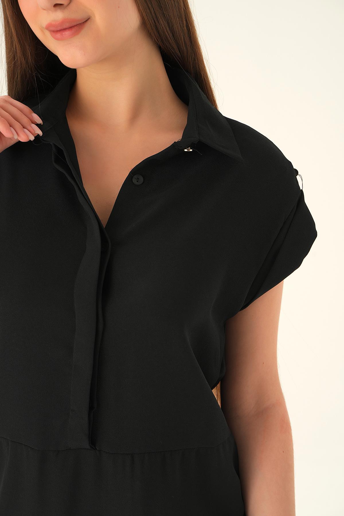 Siyah Düğmeli Polo Yaka Elbise 8662 - 5