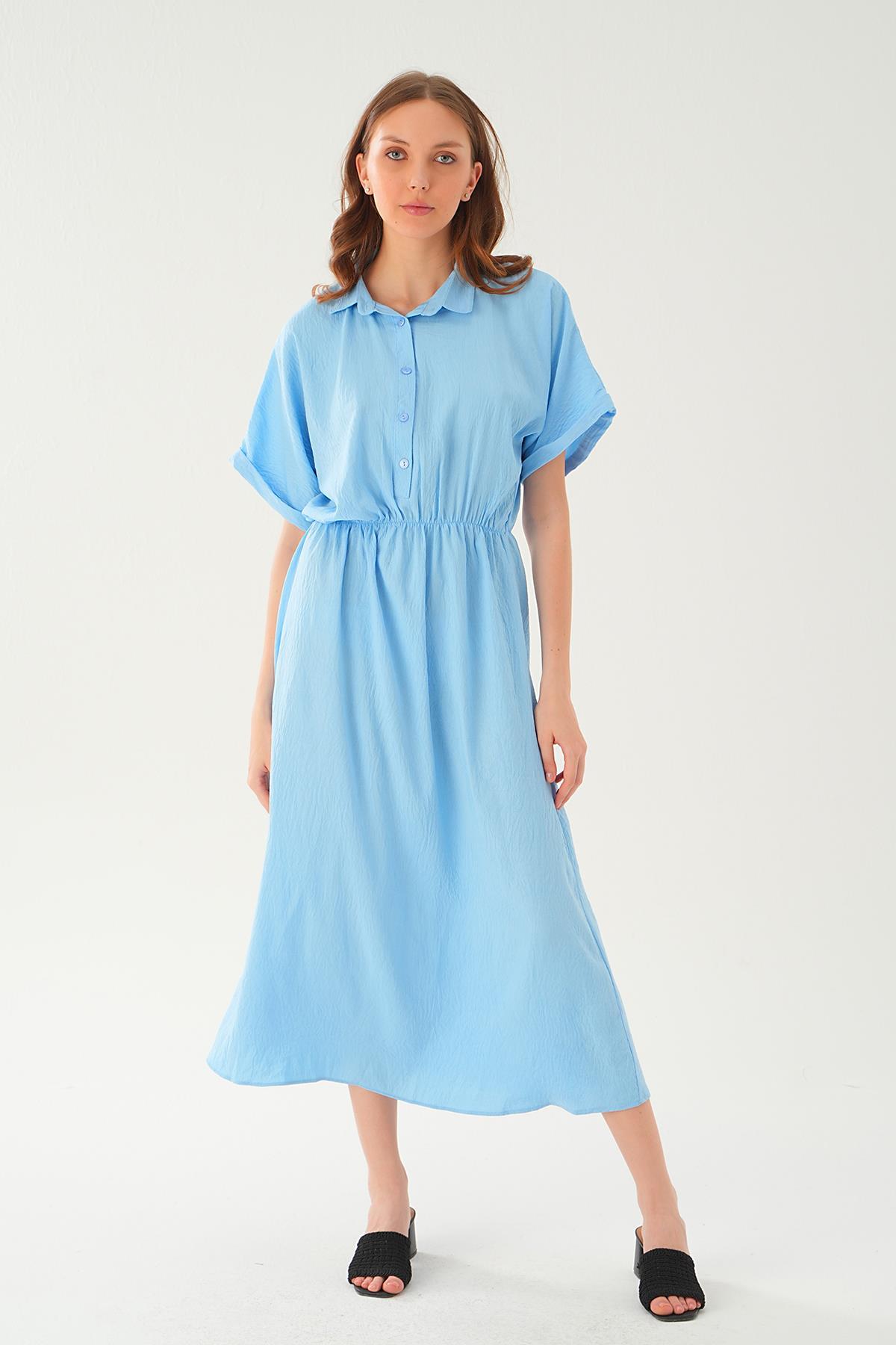 Açık Mavi Gömlek Yaka Elbise 8663 