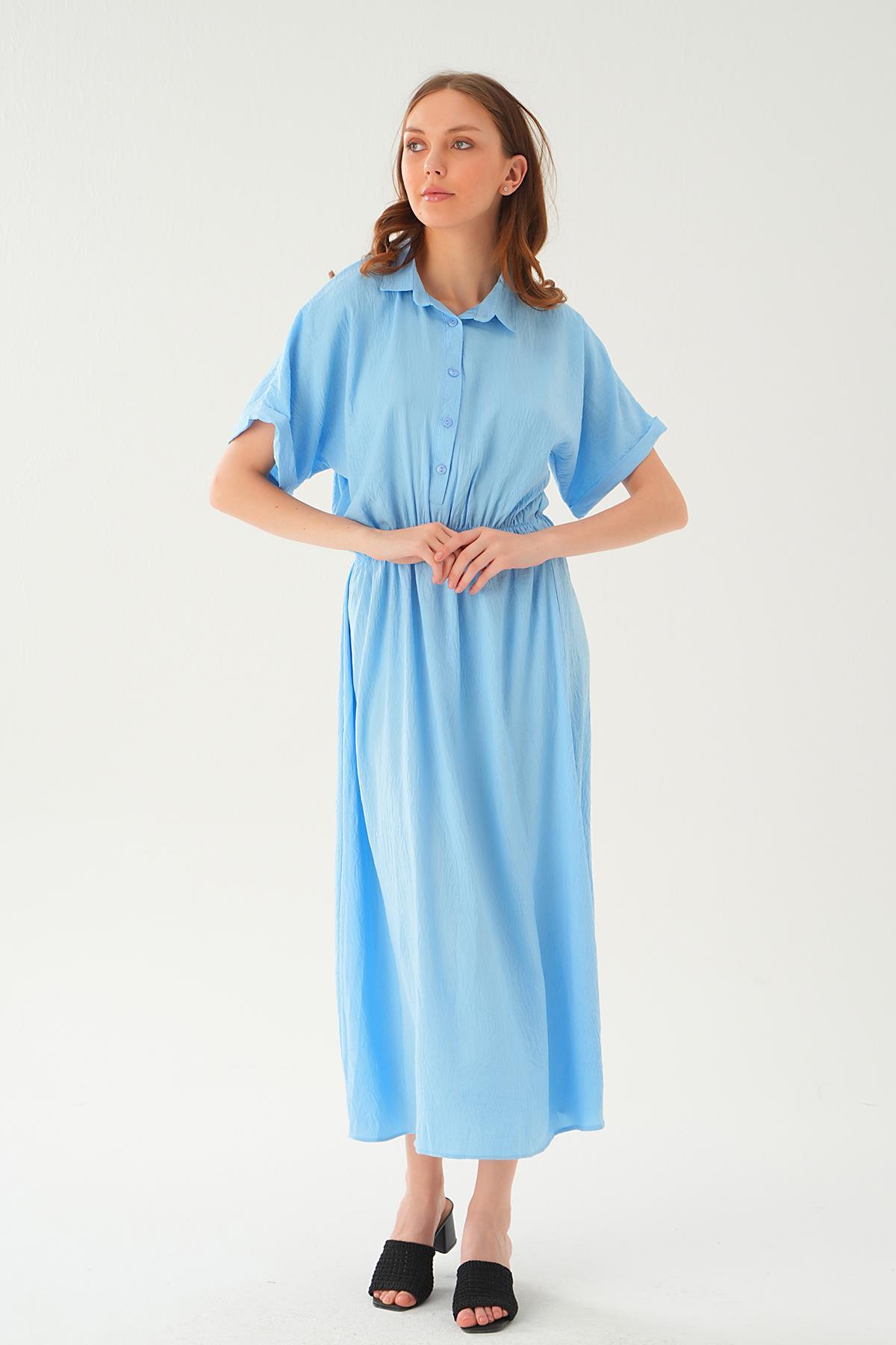 Açık Mavi Gömlek Yaka Elbise 8663 - 2