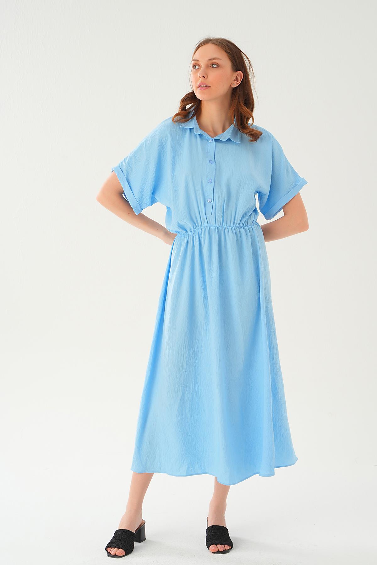 Açık Mavi Gömlek Yaka Elbise 8663 - 3