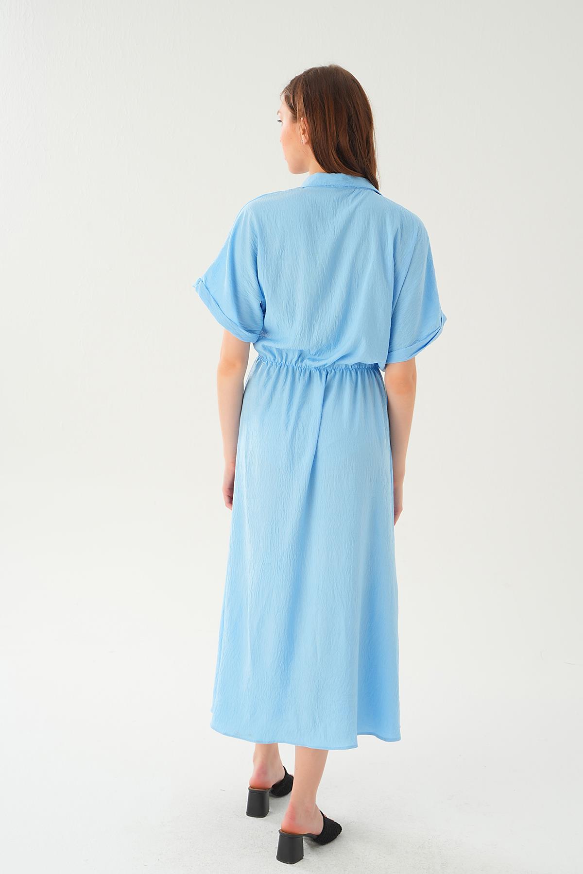 Açık Mavi Gömlek Yaka Elbise 8663 - 4