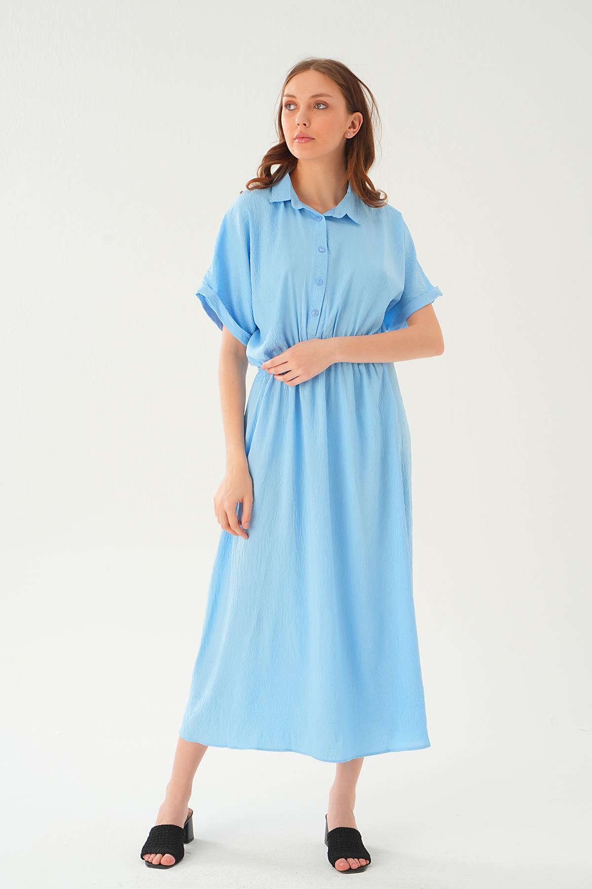 Açık Mavi Gömlek Yaka Elbise 8663 - 6