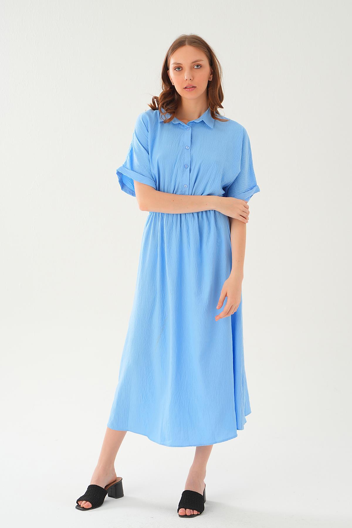 Bebe Mavi Gömlek Yaka Elbise 8663 