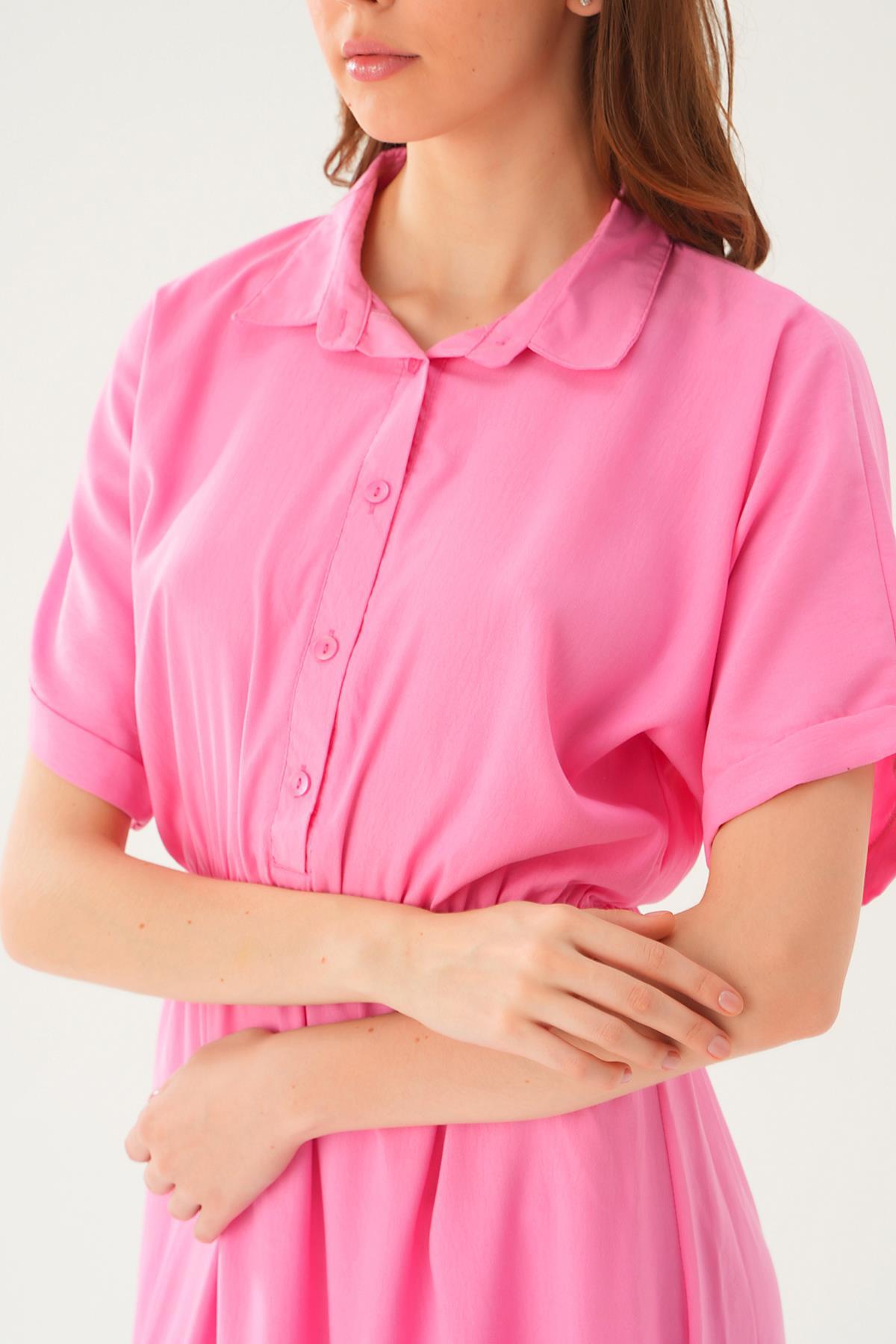 8663 Gömlek Yaka Elbise Pembe - 6
