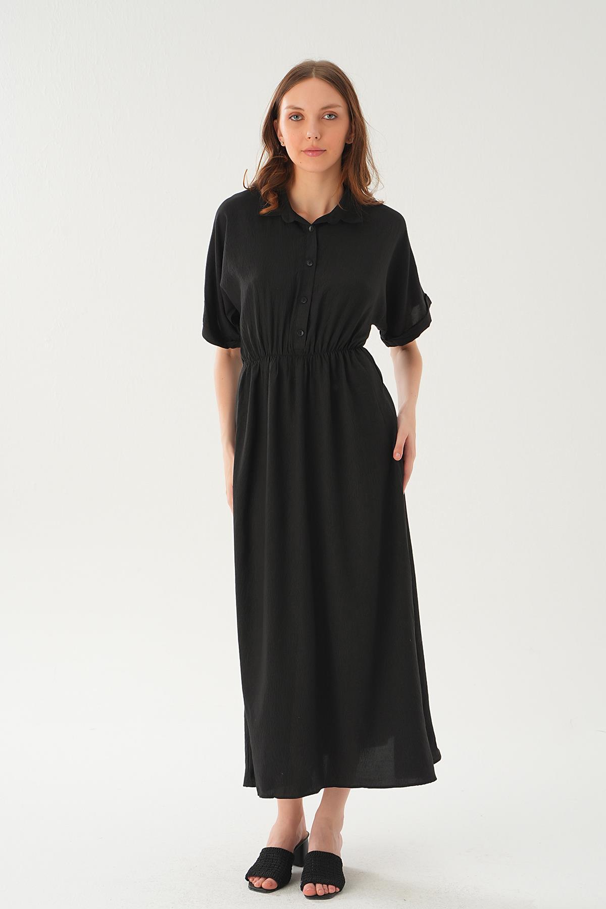 Siyah Gömlek Yaka Elbise 8663 - 1