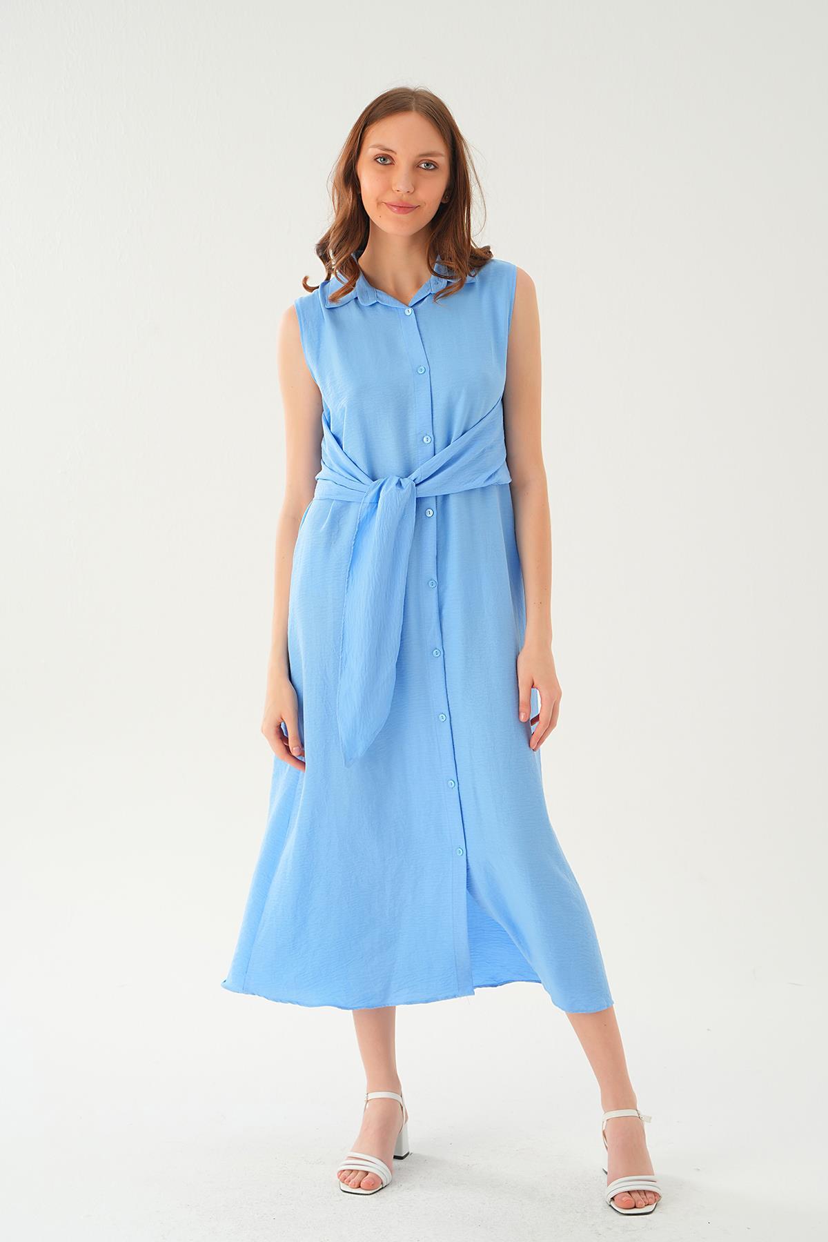 8667 Bağlama Detay Elbise Bebe Mavi - 1
