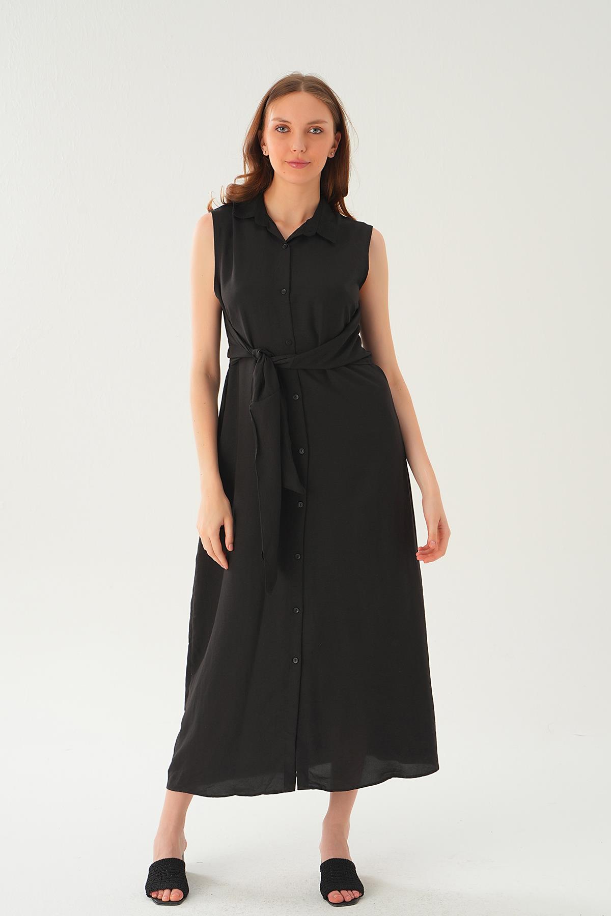 Siyah Bağlama Detay Elbise 8667 - 6