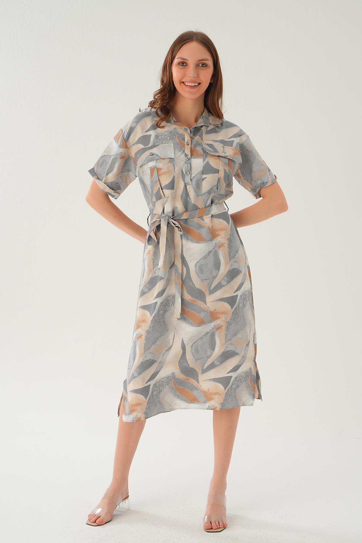 Gri Cep Detay Uzun Elbise 8670 