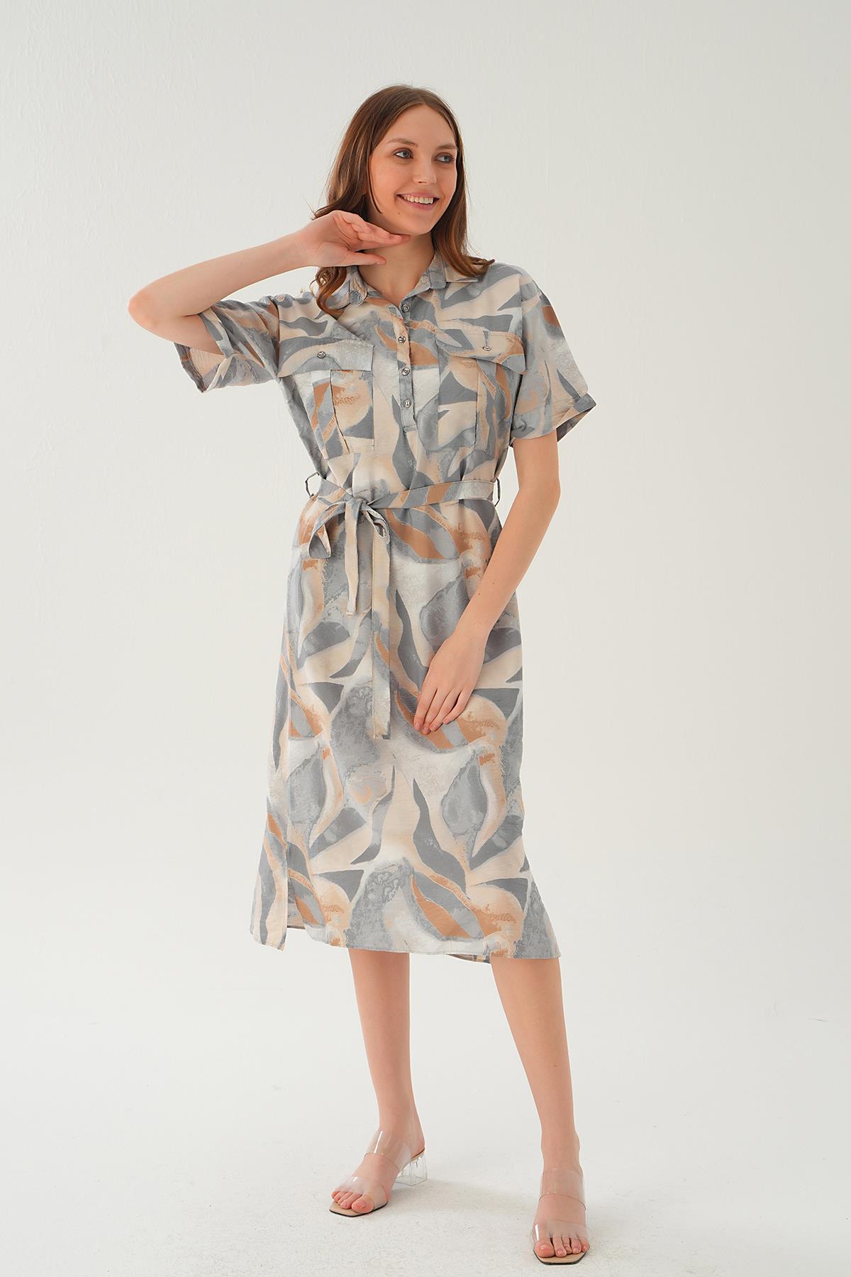 Gri Cep Detay Uzun Elbise 8670 - 2