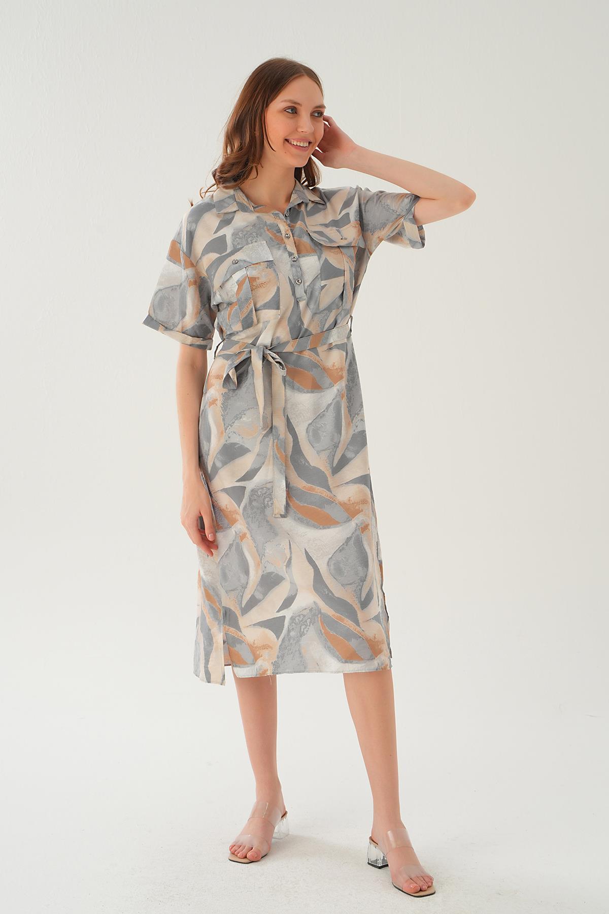 Gri Cep Detay Uzun Elbise 8670 - 5