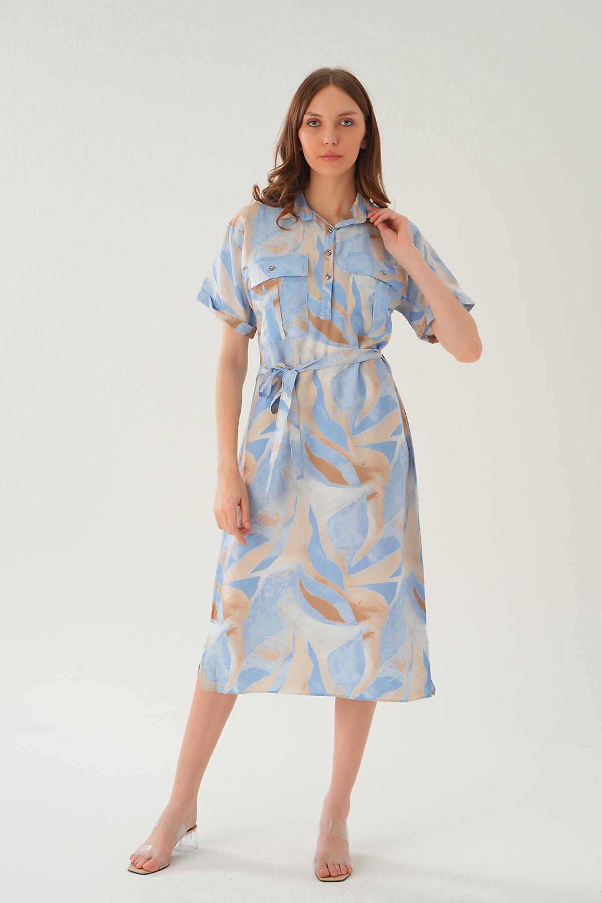 8670 Cep Detay Uzun Elbise Mavi - 1