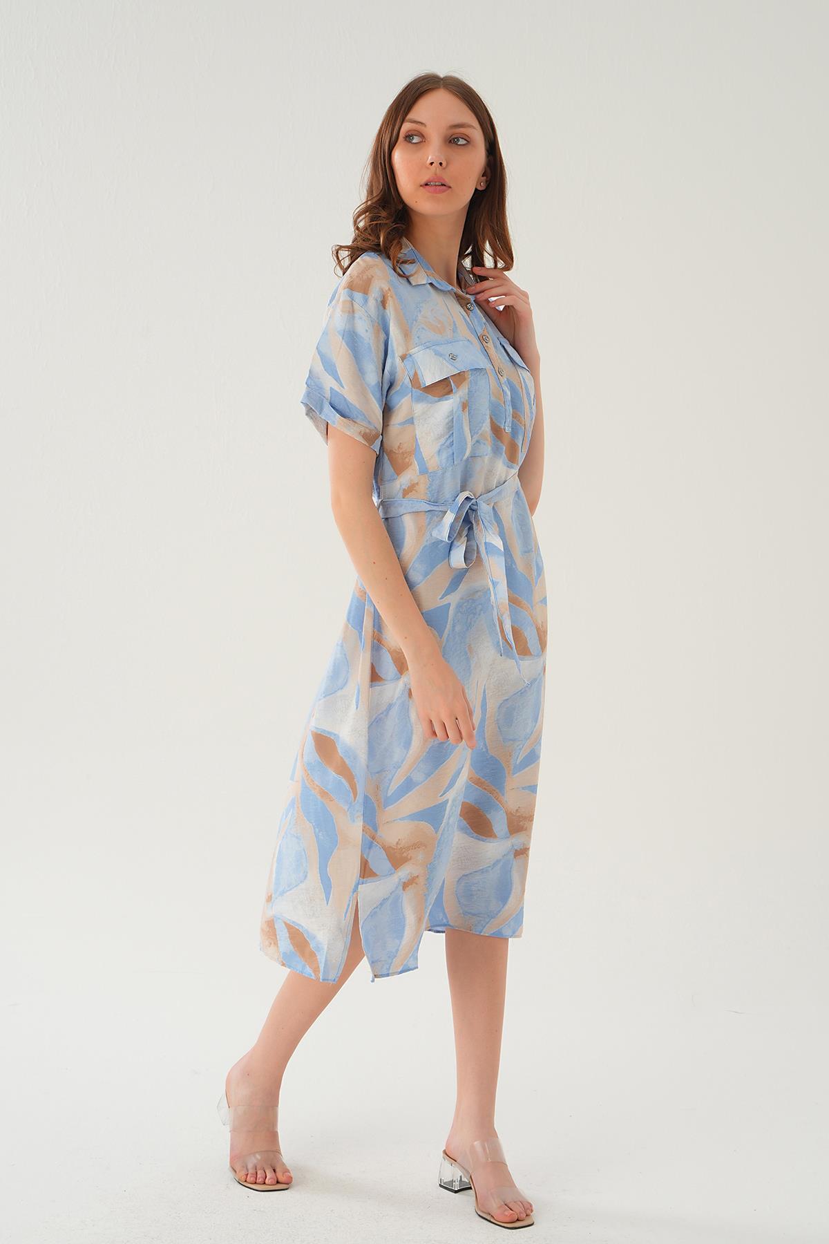 Mavi Cep Detay Uzun Elbise 8670 - 2