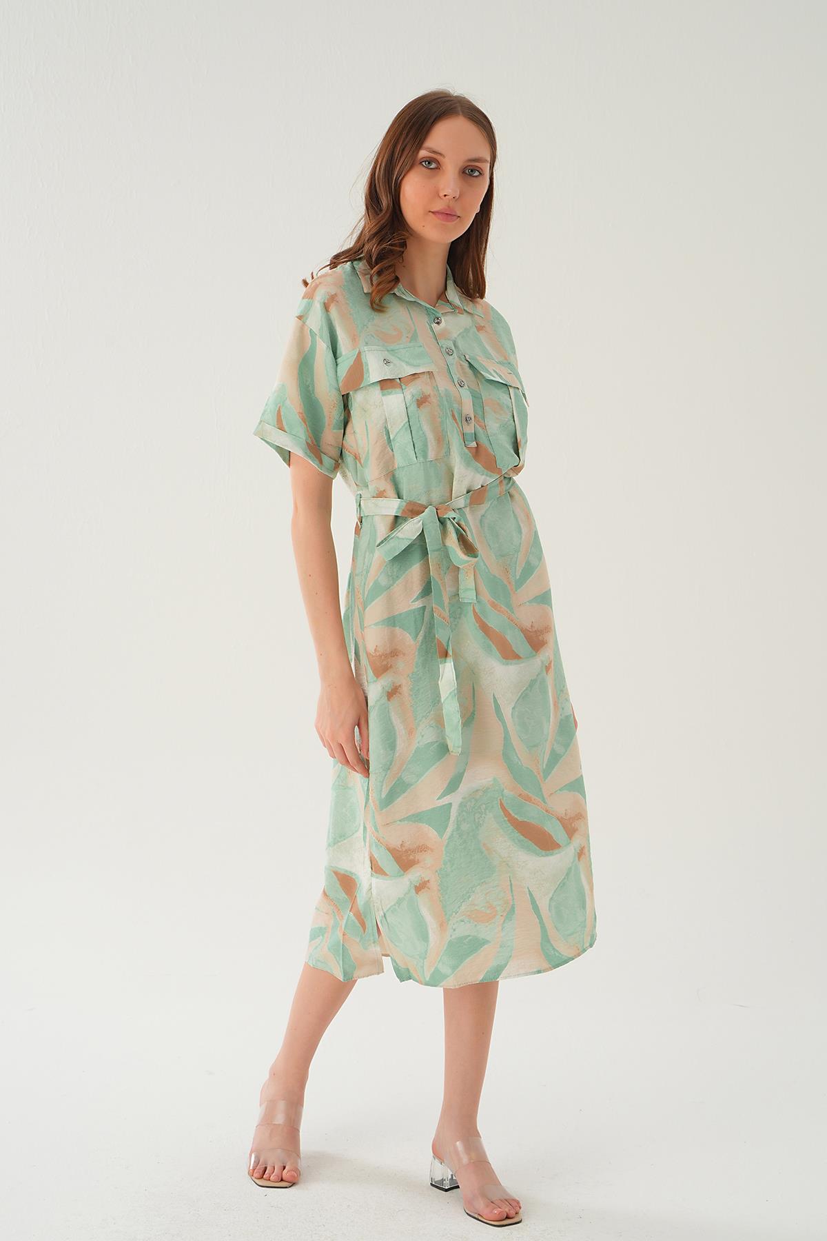 Yeşil Cep Detay Uzun Elbise 8670 - 1