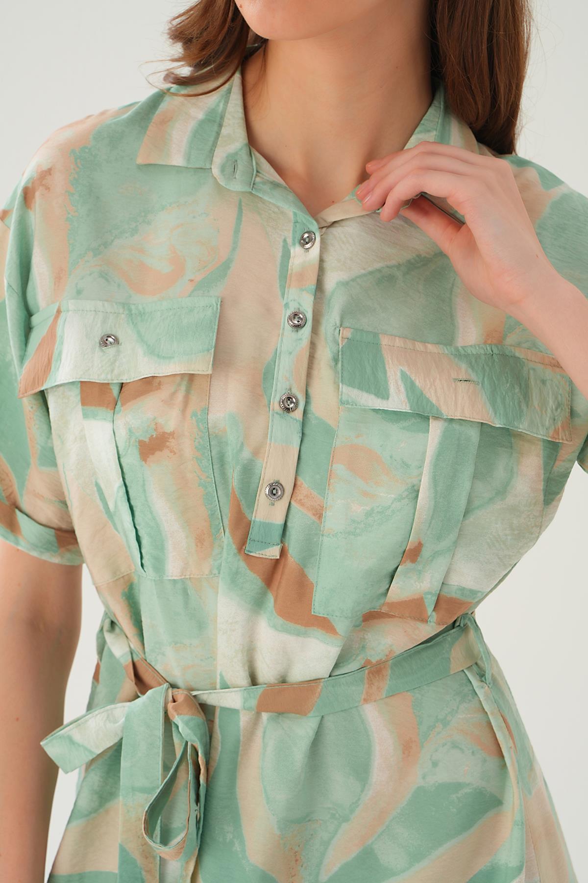 Yeşil Cep Detay Uzun Elbise 8670 - 5