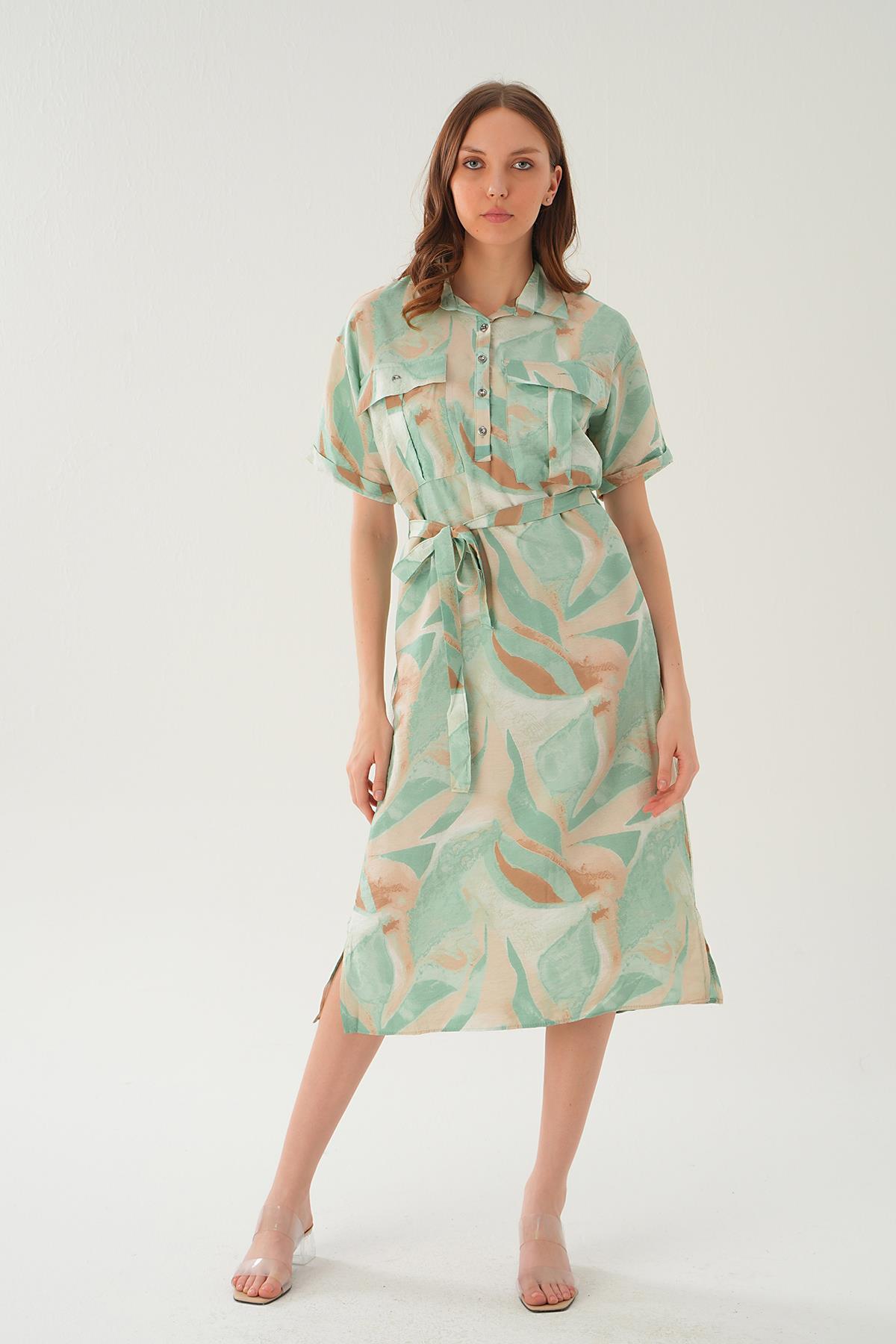 Yeşil Cep Detay Uzun Elbise 8670 - 6