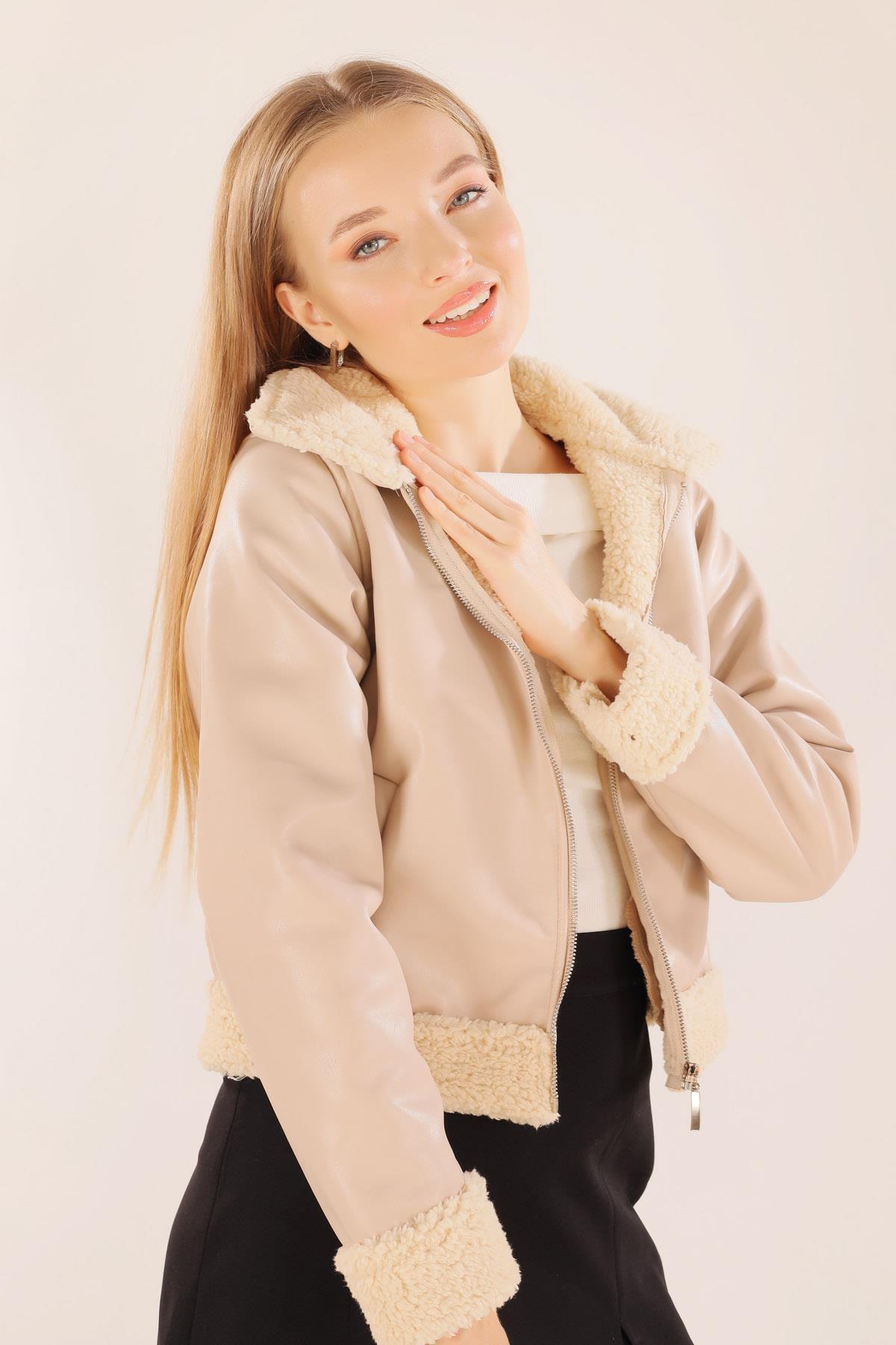 8684 Yaka Kol Kürklü Deri Ceket Bej - 3