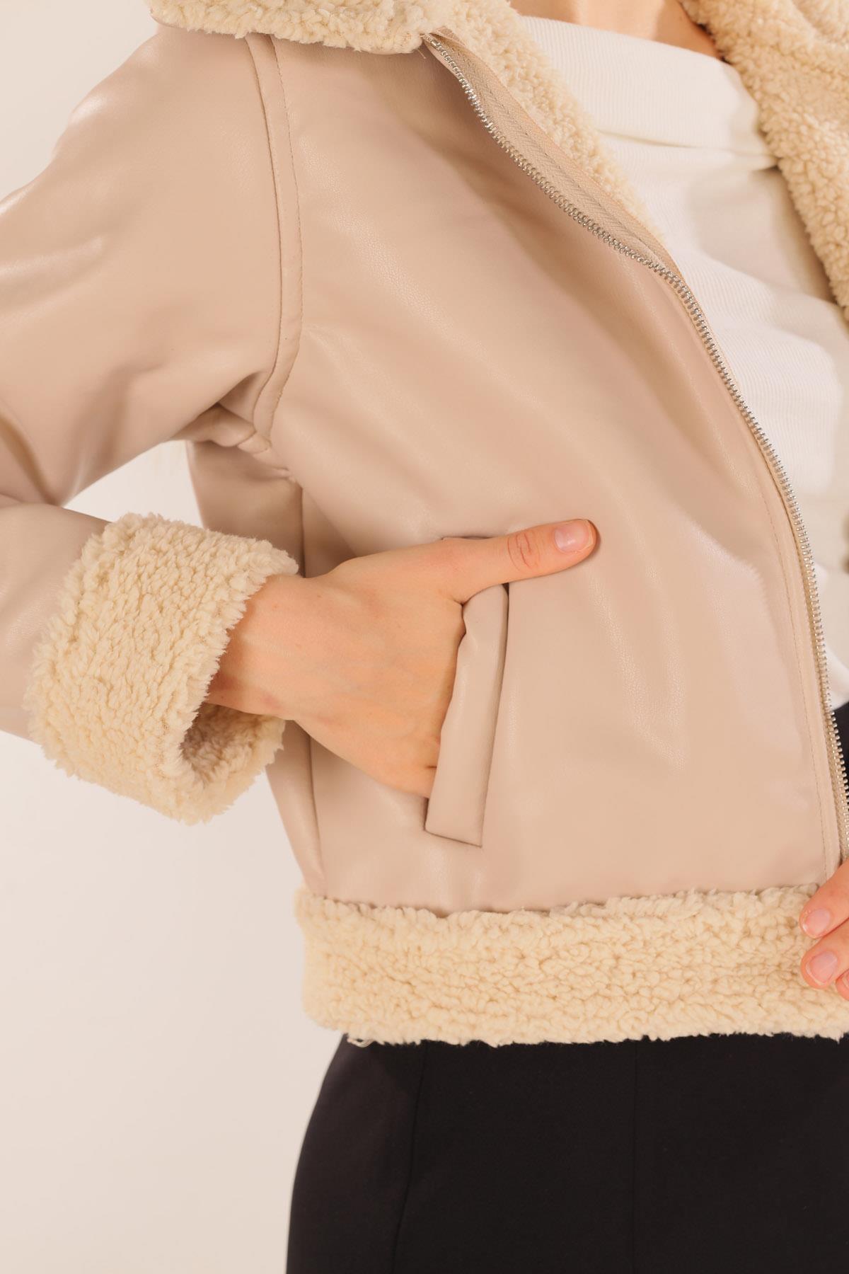 8684 Yaka Kol Kürklü Deri Ceket Bej - 6