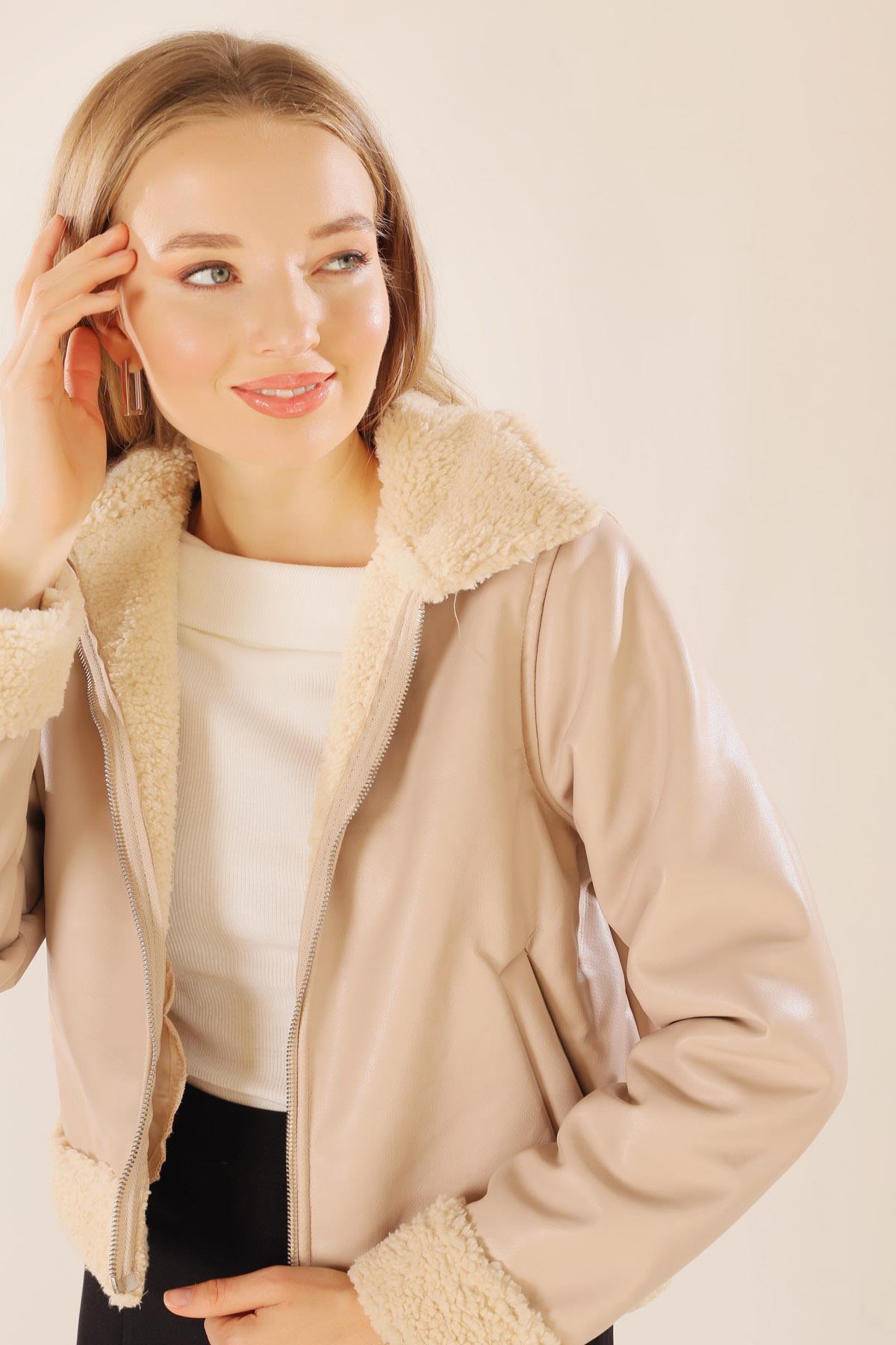 Bej Yaka Kol Kürklü Deri Ceket 8684 - 5