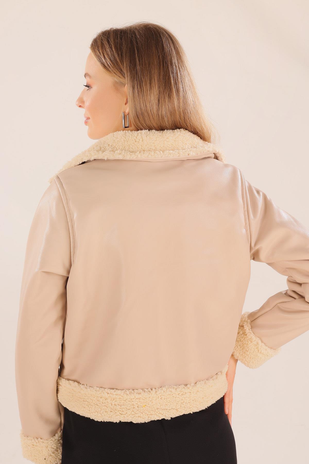 Bej Yaka Kol Kürklü Deri Ceket 8684 - 8