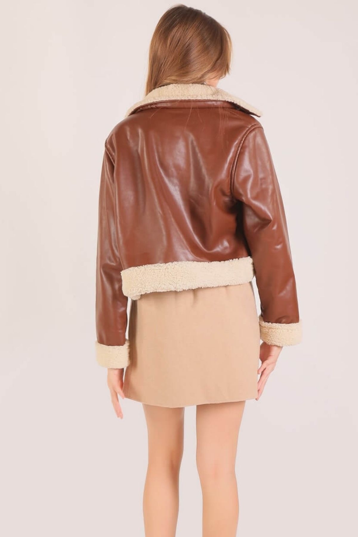 8684 Yaka Kol Kürklü Deri Ceket Kahve - 2