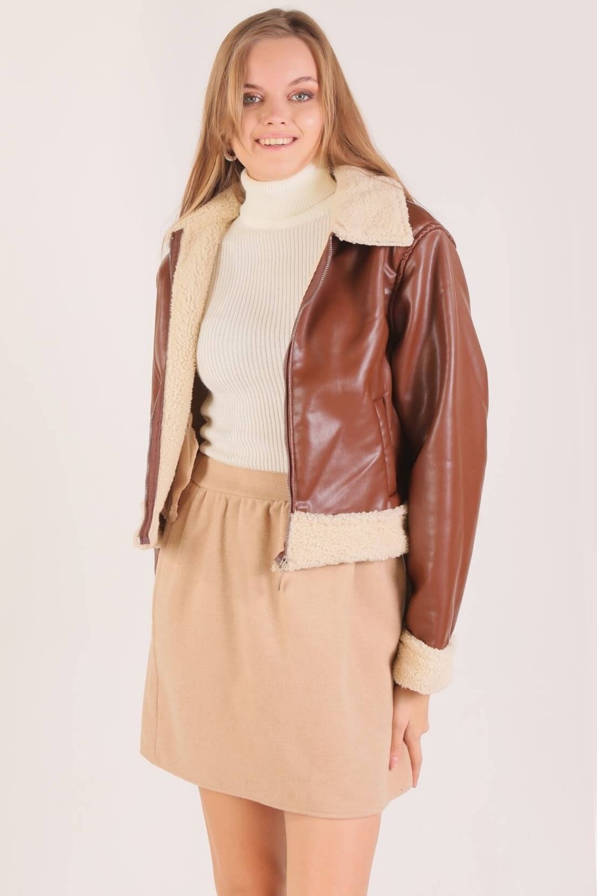 Kahve Yaka Kol Kürklü Deri Ceket 8684 - 1